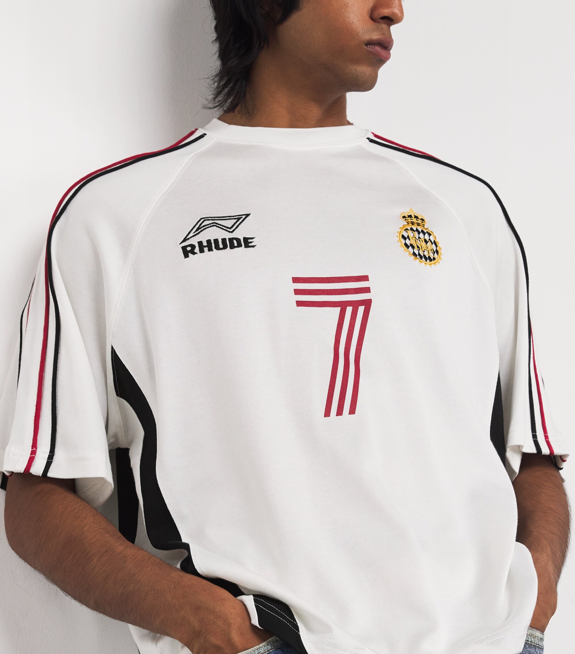Rhude Mens Cotton-Blend Football Jersey T-Shirt White/black/red Image 6