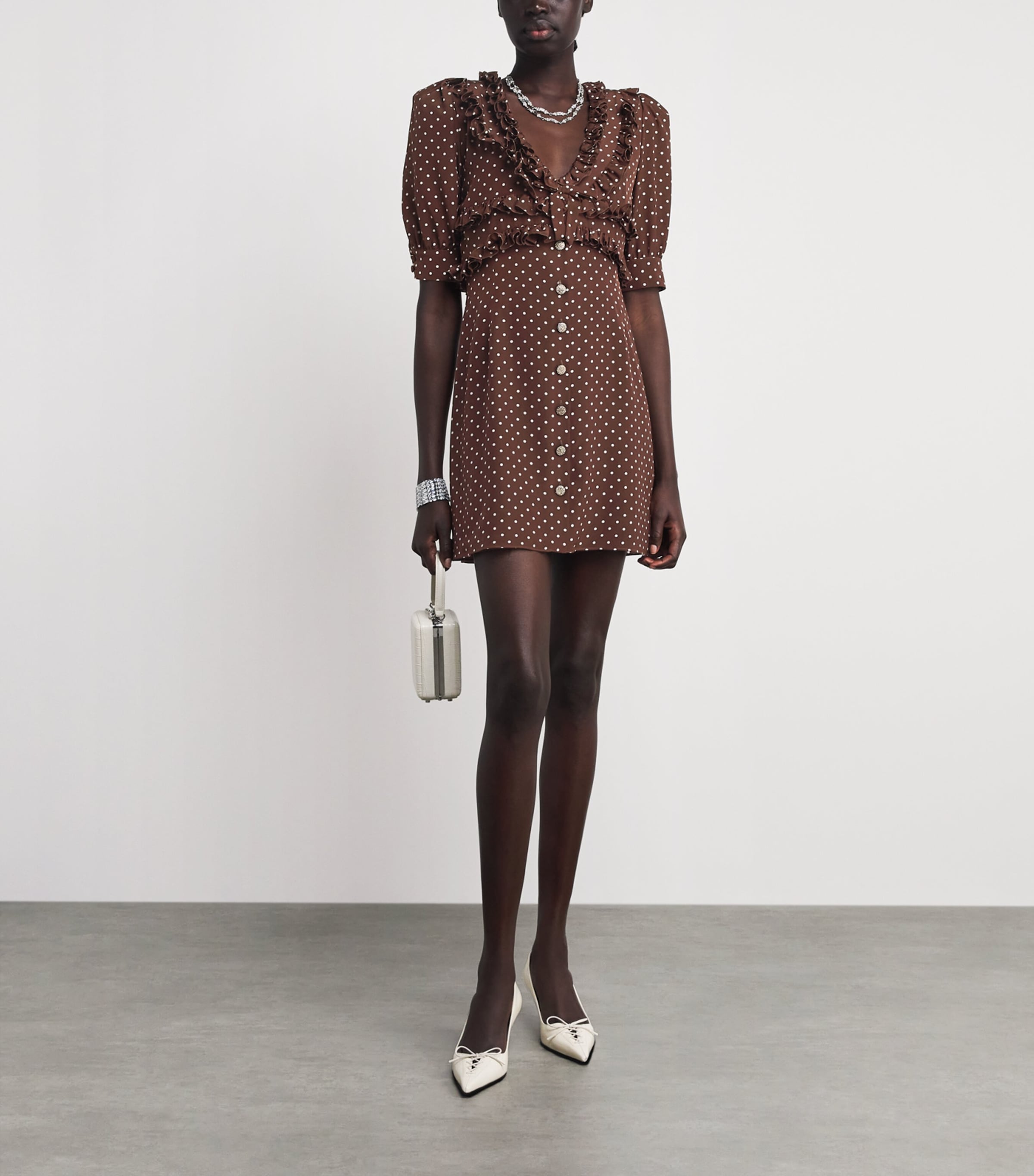 Alessandra Rich Womens Silk Crepe De Chine Ruffled Mini Dress Brown White Image 2