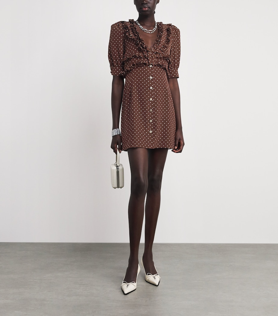 Alessandra Rich Womens Silk Crepe De Chine Ruffled Mini Dress Brown White Image 2