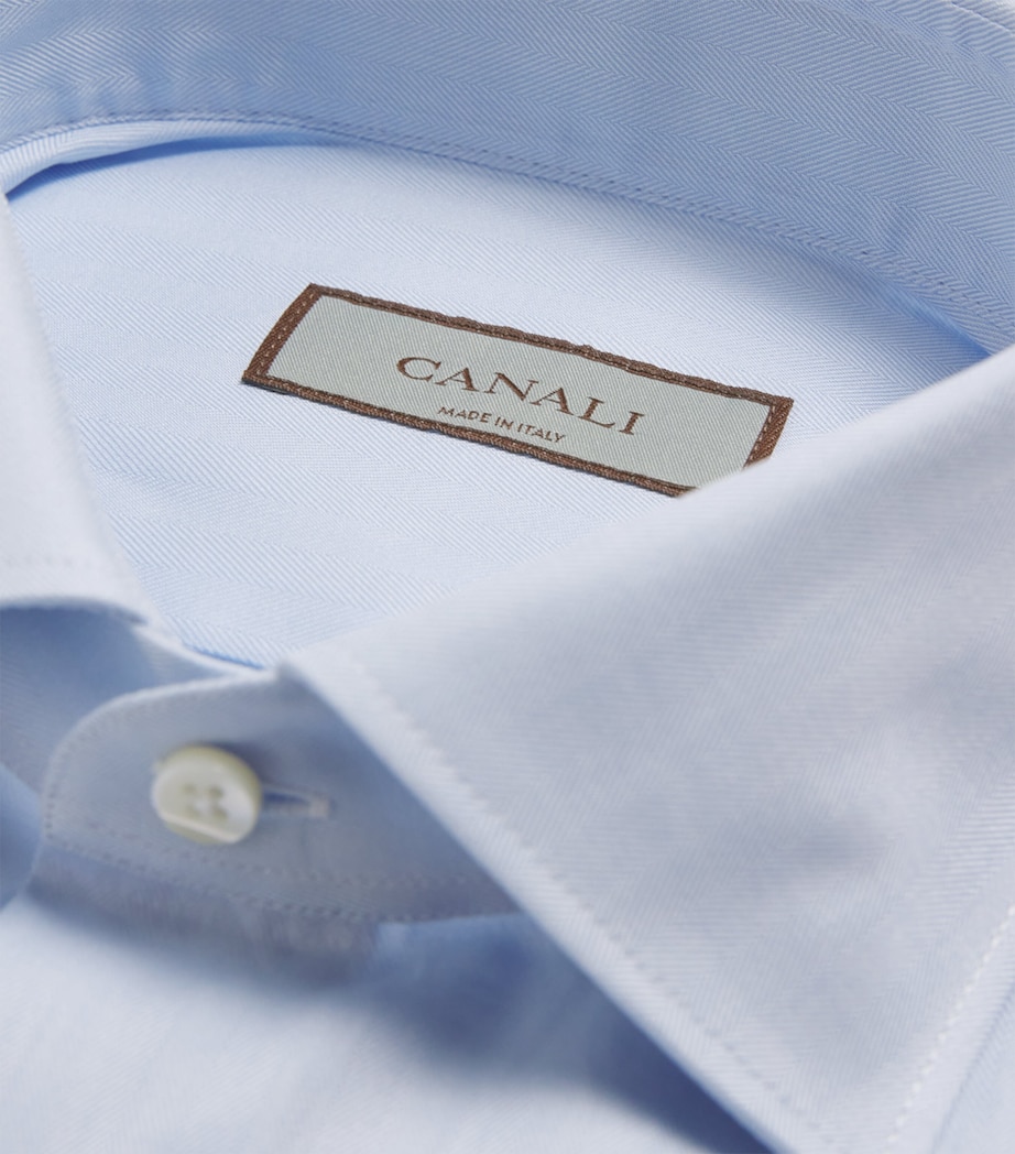 Canali Mens Cotton Herringbone Shirt Blue Image 6