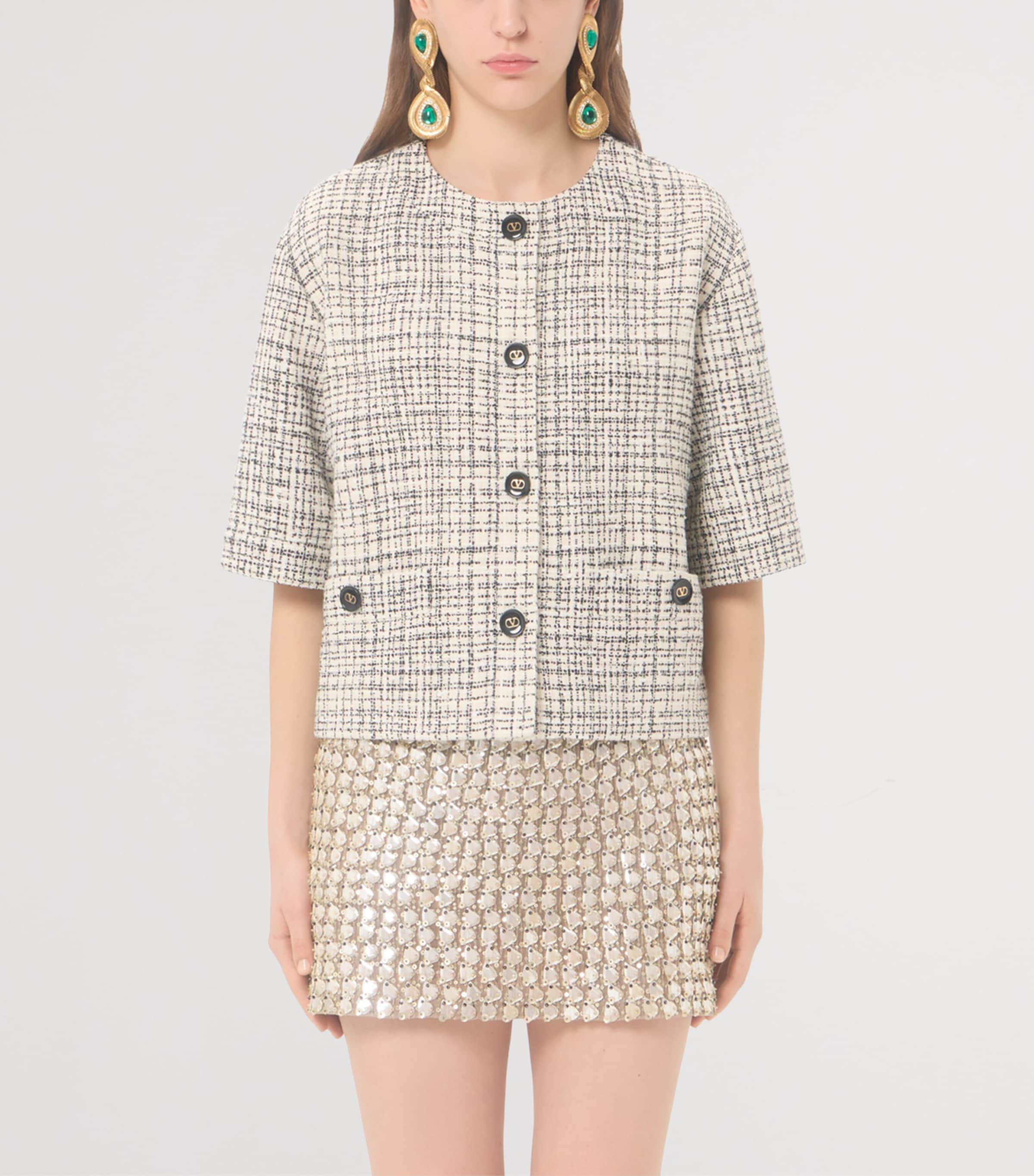 Valentino Womens Tweed Cropped-Sleeve Jacket Image 3