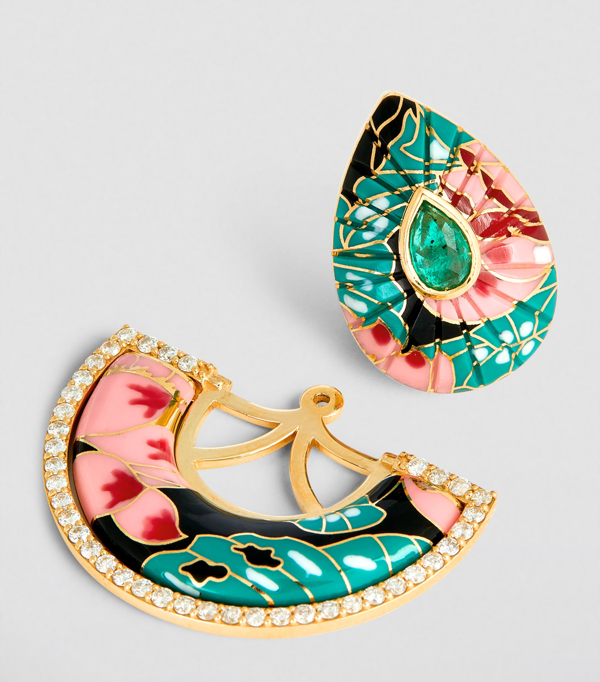Yellow Gold and Diamond Chinoiserie Bond Fan Earrings GREEN PINK Image 5