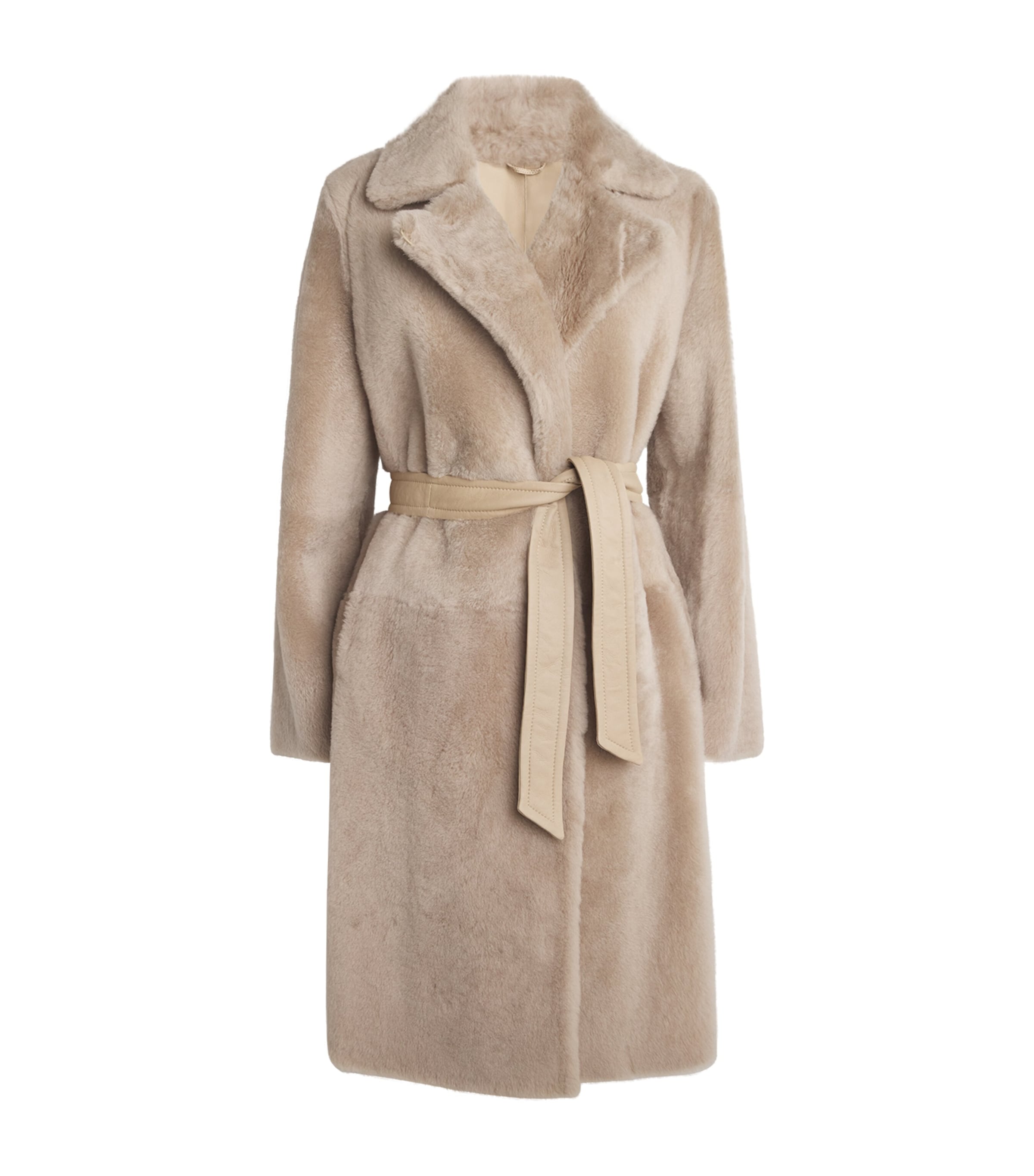 Max Mara Shearling Belted Coat In Beige