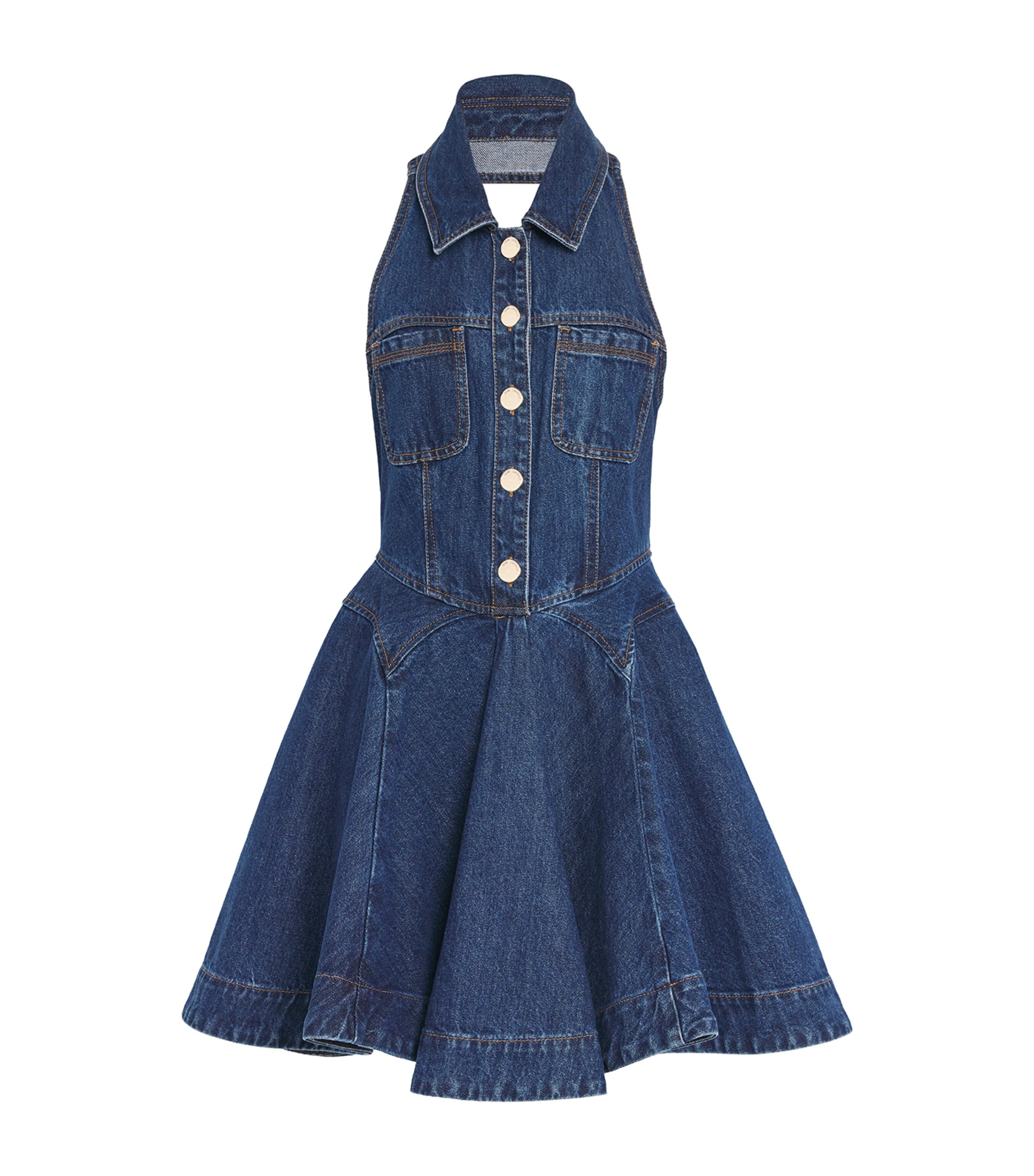 Self-portrait Blue Cotton Denim Flared Mini Dress In Blue