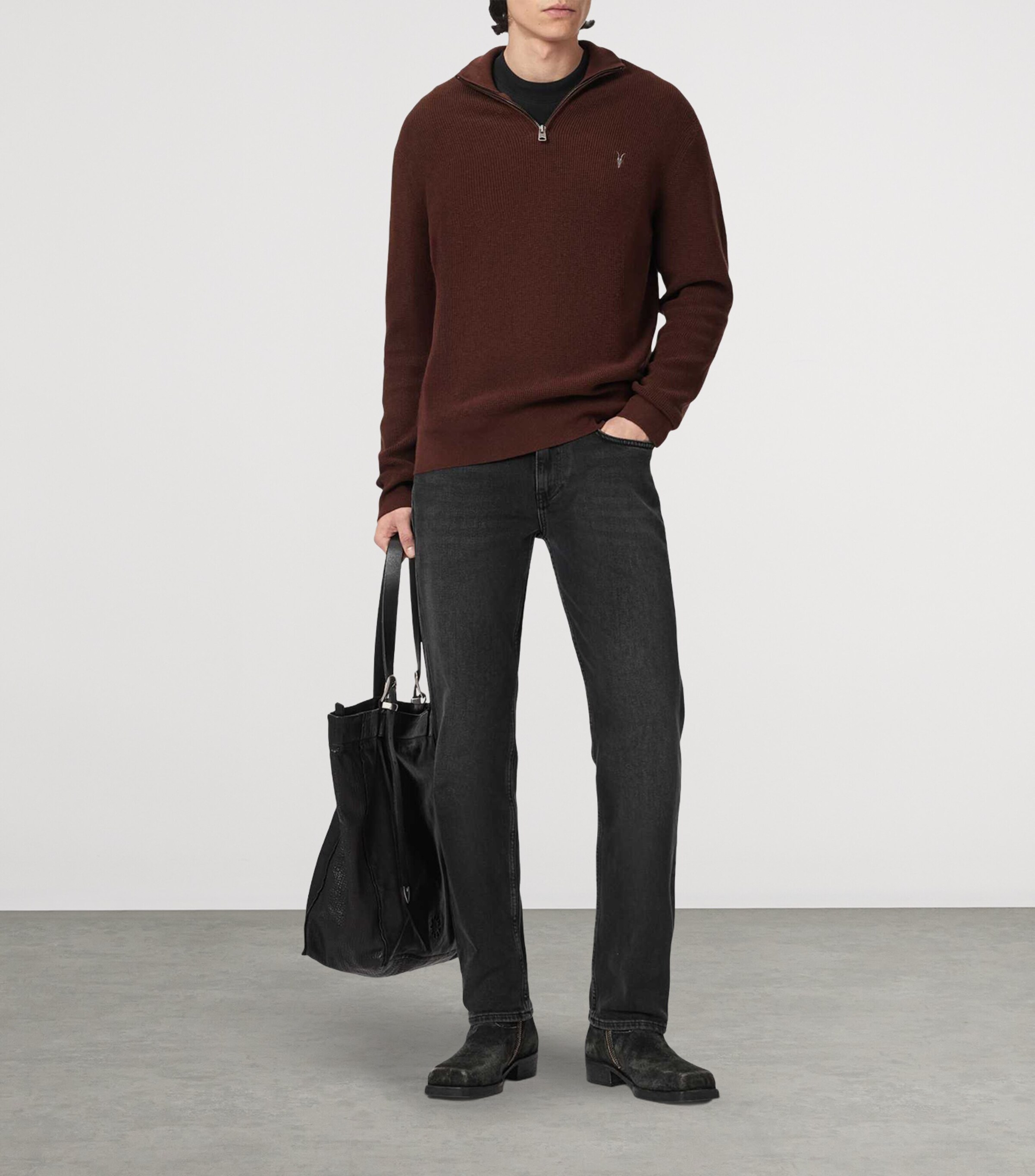 AllSaints Mens Funnel-Neck Aspen Sweater Hot Choc Brown Image 5
