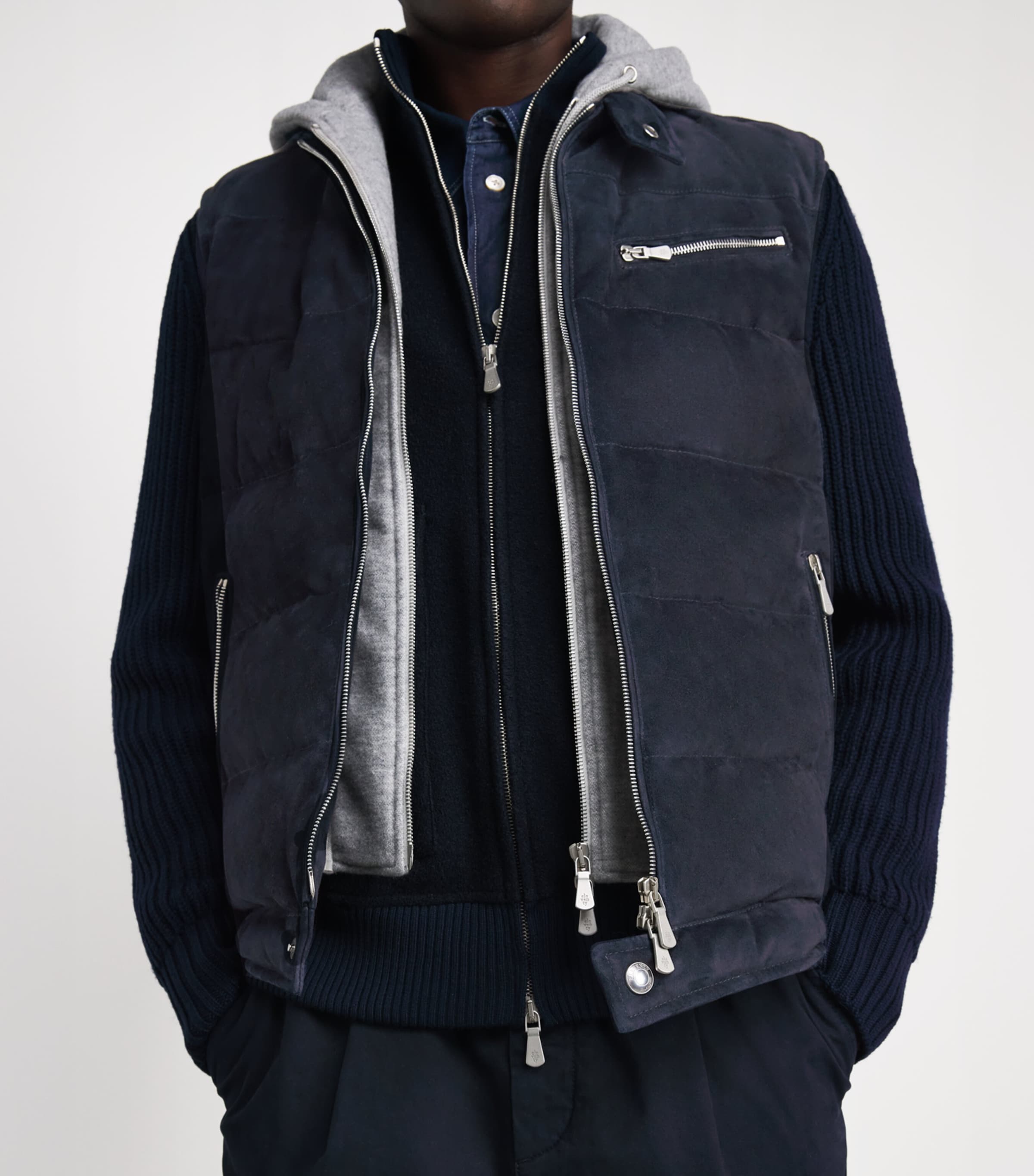 Eleventy Mens Down-Filled Suede Gilet Blu E Grigio Chiaro Image 3