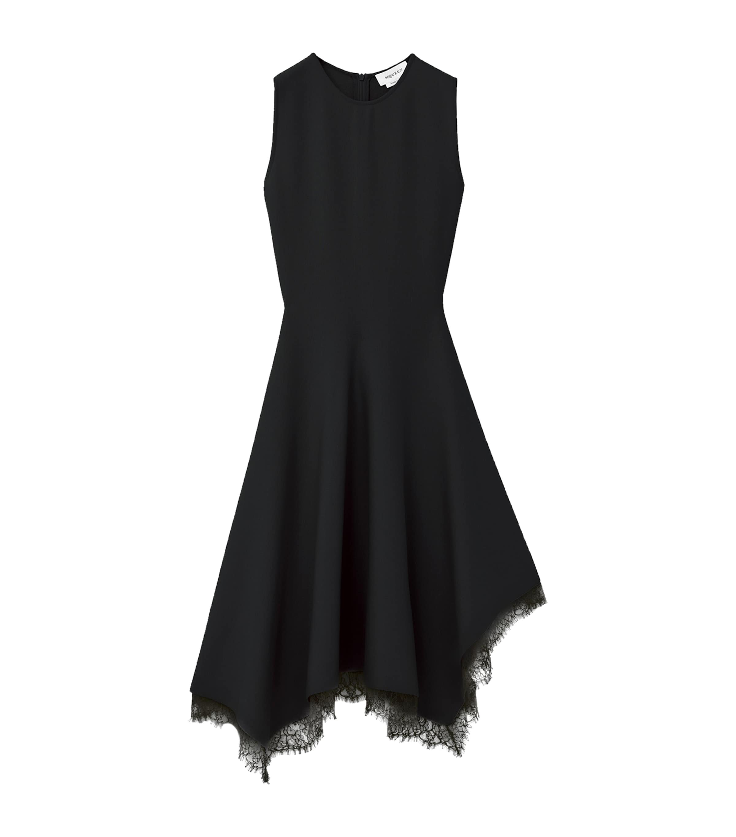 Alexander Mcqueen Asymmetric Lace Hem Sleeveless Midi Dress In Black