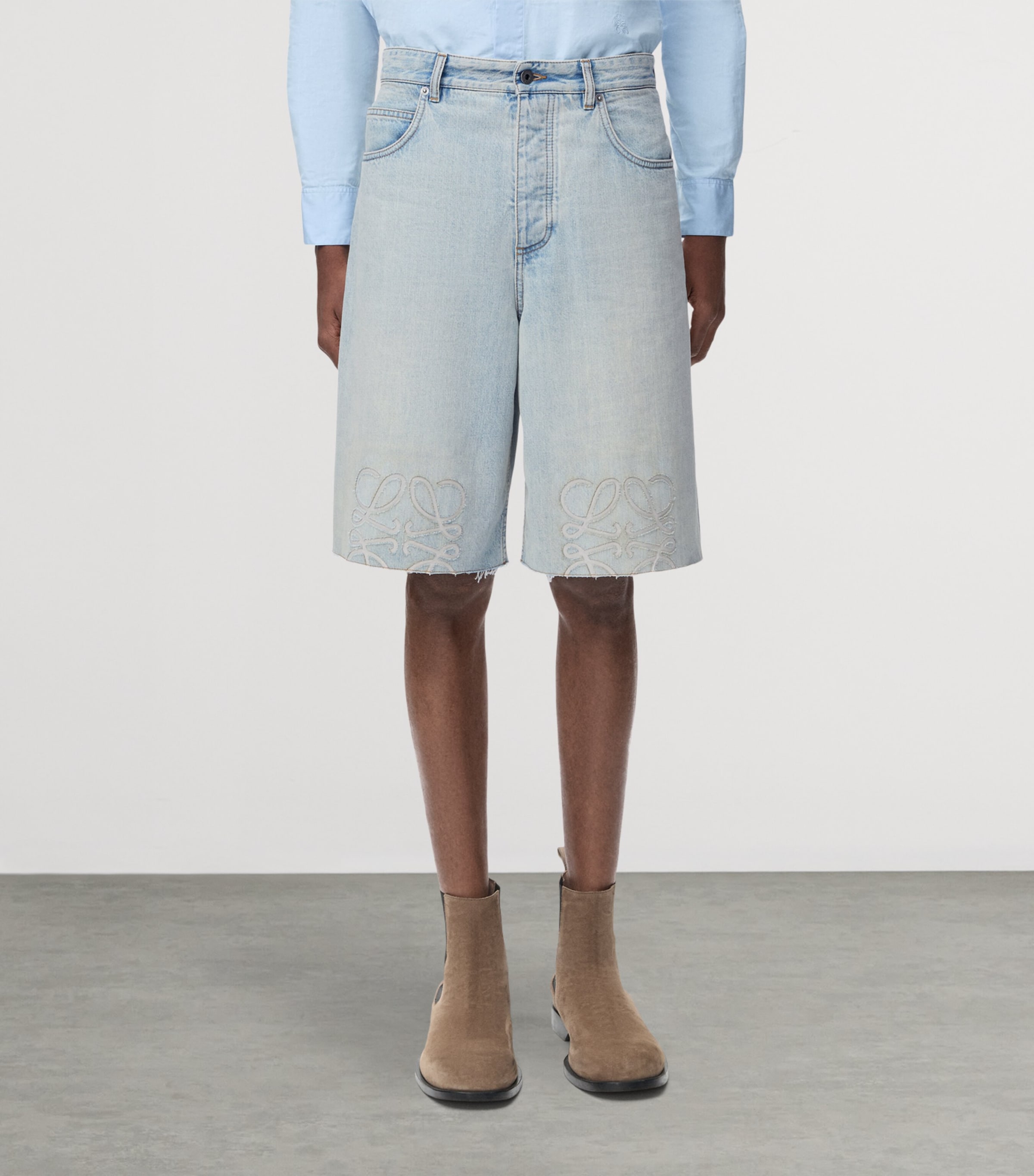 LOEWE Mens Denim Anagram Shorts Washed Blue Image 3