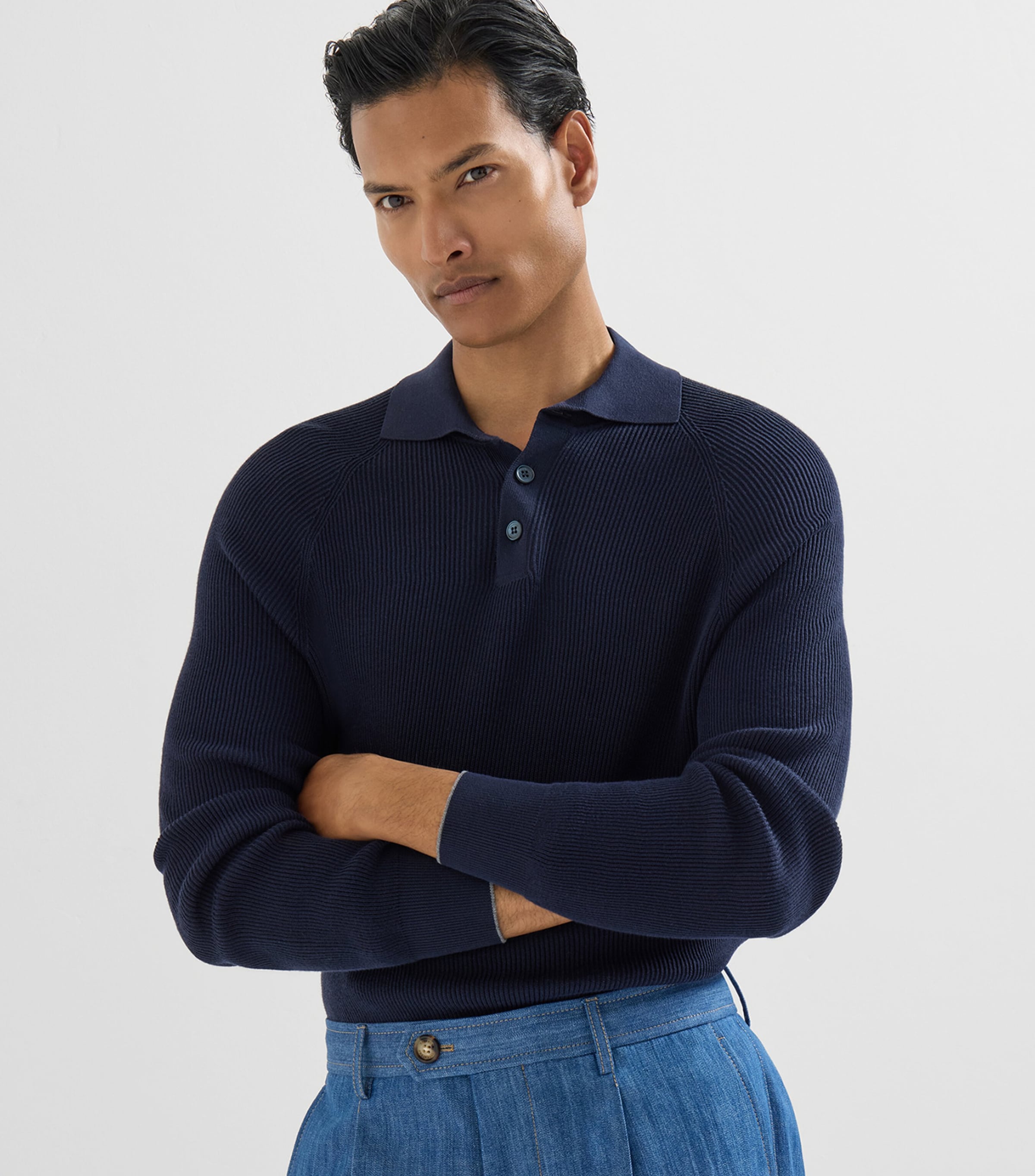 Brunello Cucinelli Mens Cotton Rib-Knit Polo Sweater Image 4