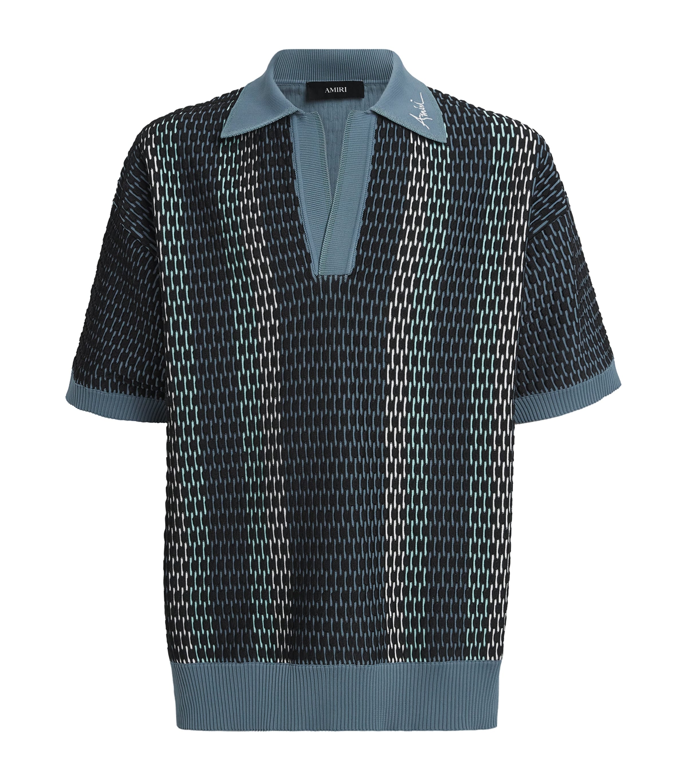 AMIRI Mens Stripe Embroidered Polo Sweater Blue Image 1