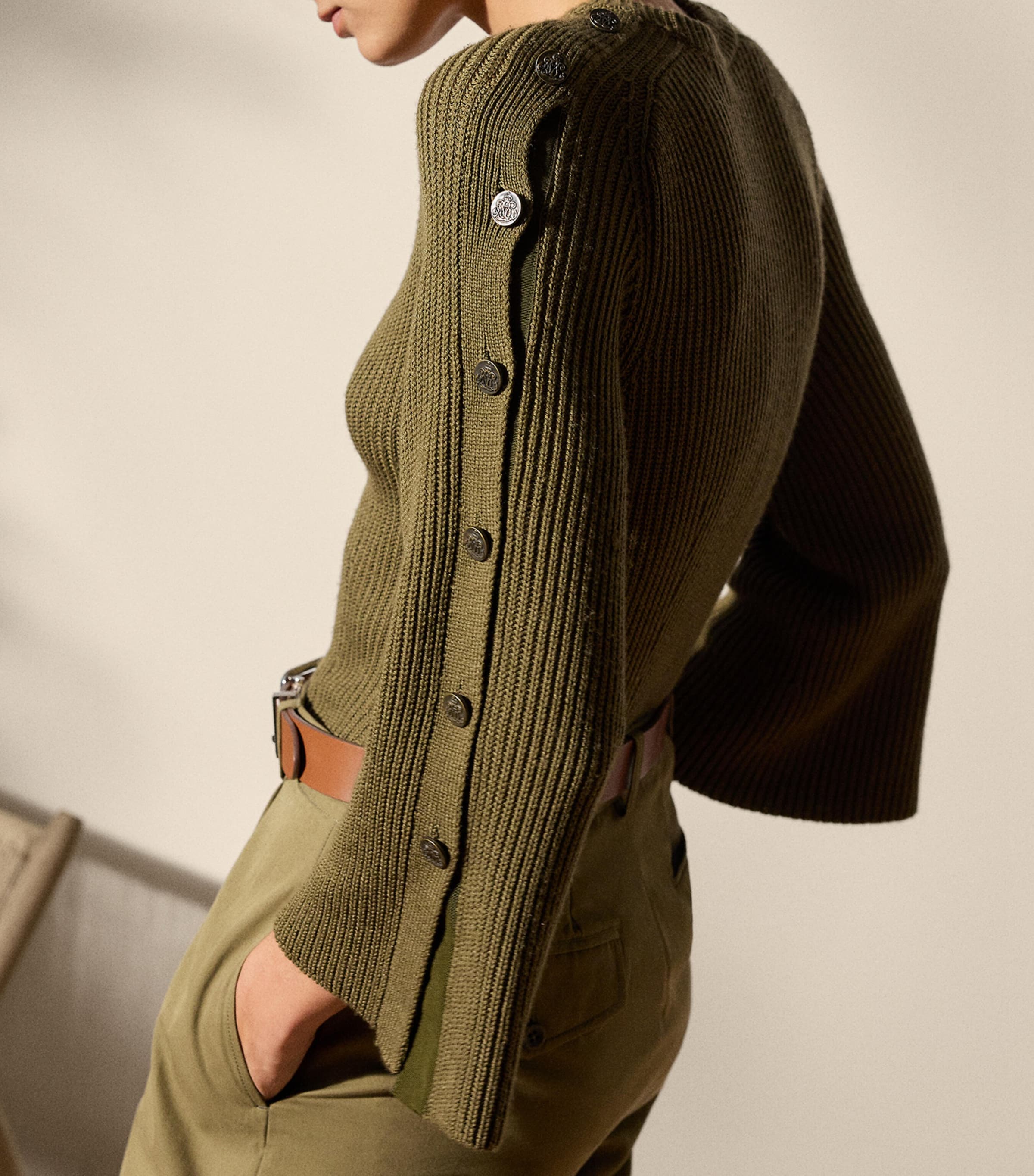 Wool-Silk Button-Sleeve Sweater MOSS Image 5