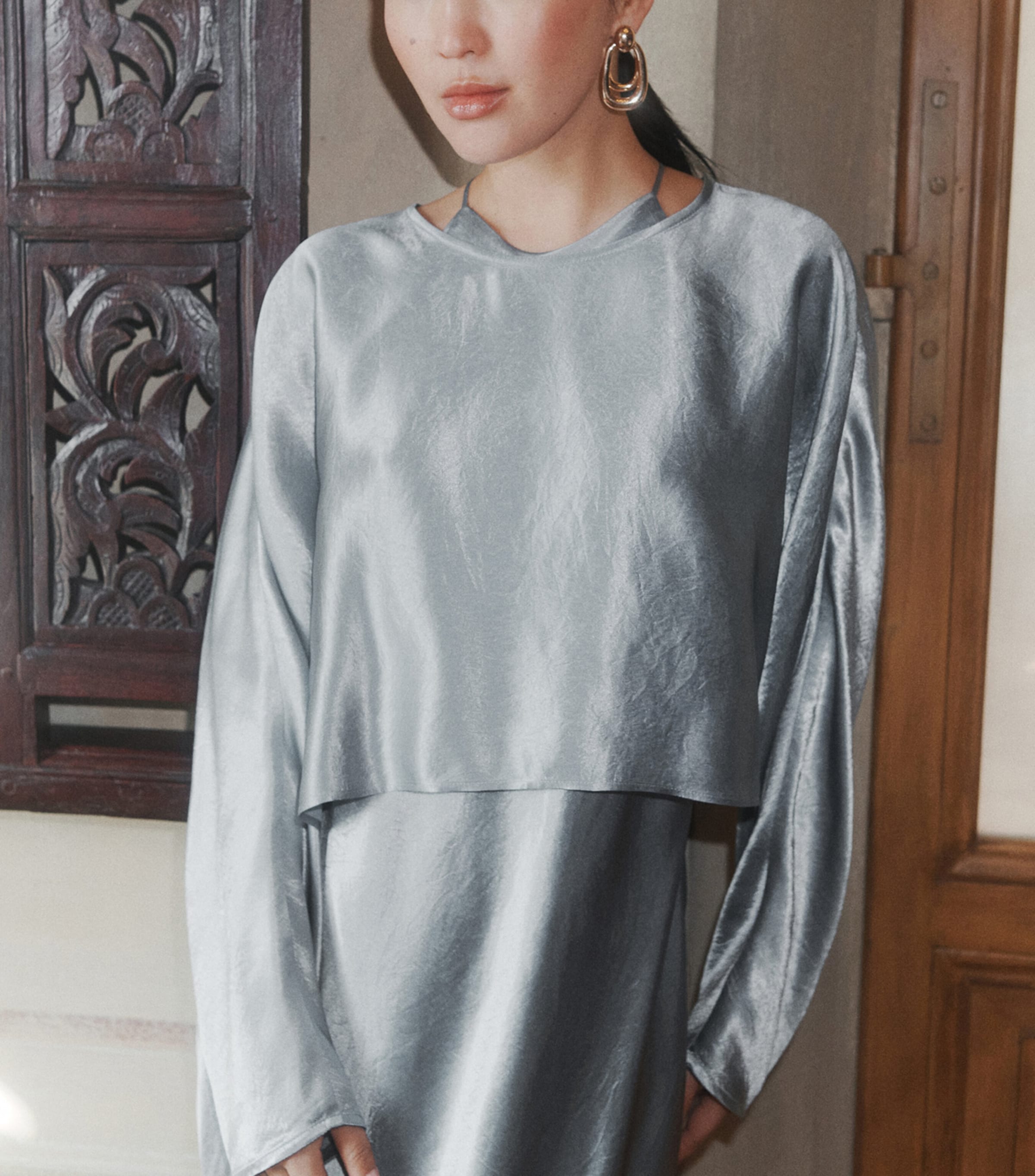 Marella Womens Satin Cropped Blouse Dust Blue Image 6