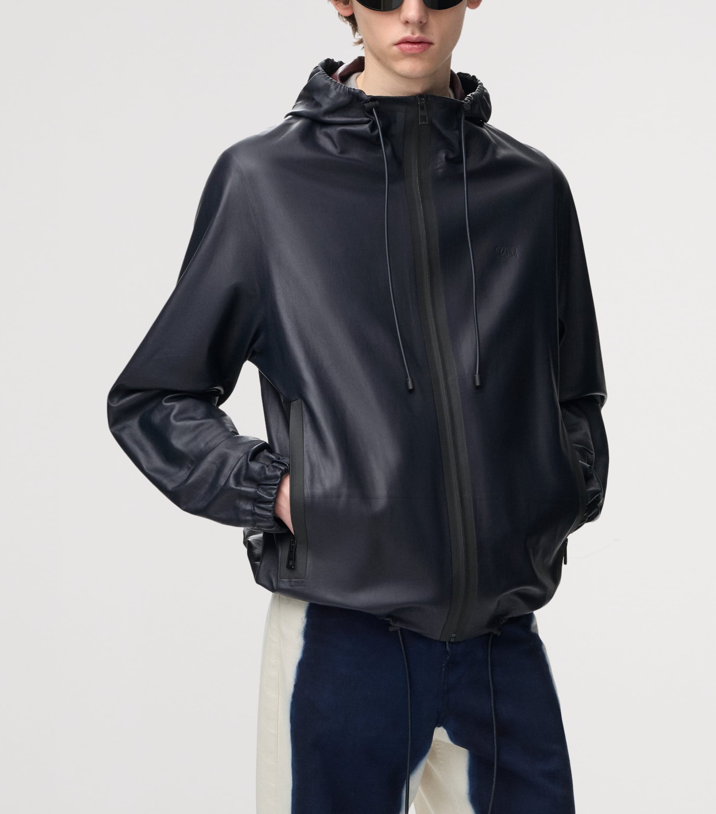 LOEWE Mens Lambskin Hooded Jacket Navy Blue Image 3