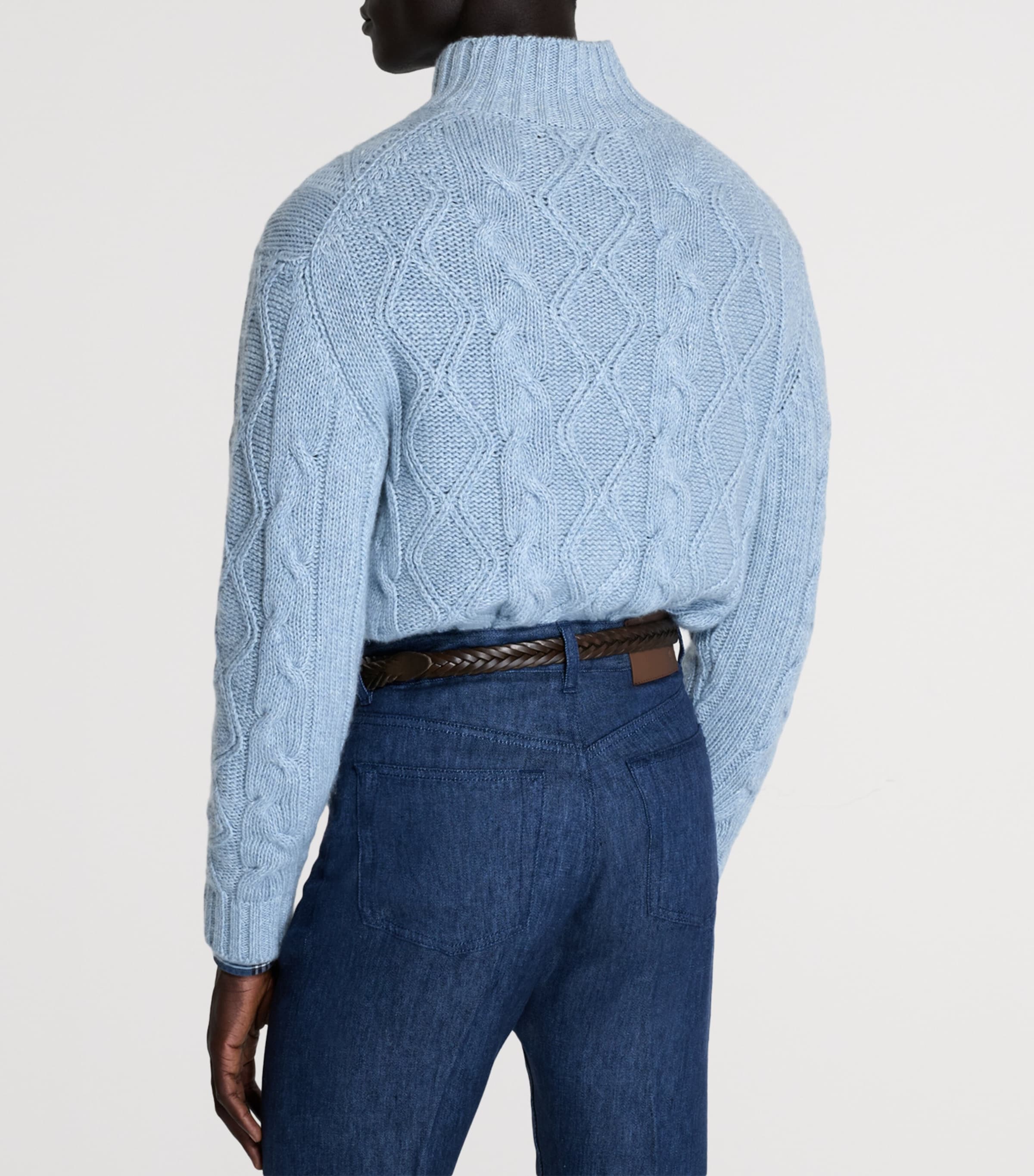 Dunhill Mens Cashmere-Blend Aran Cable-Knit Sweater Denim Image 3