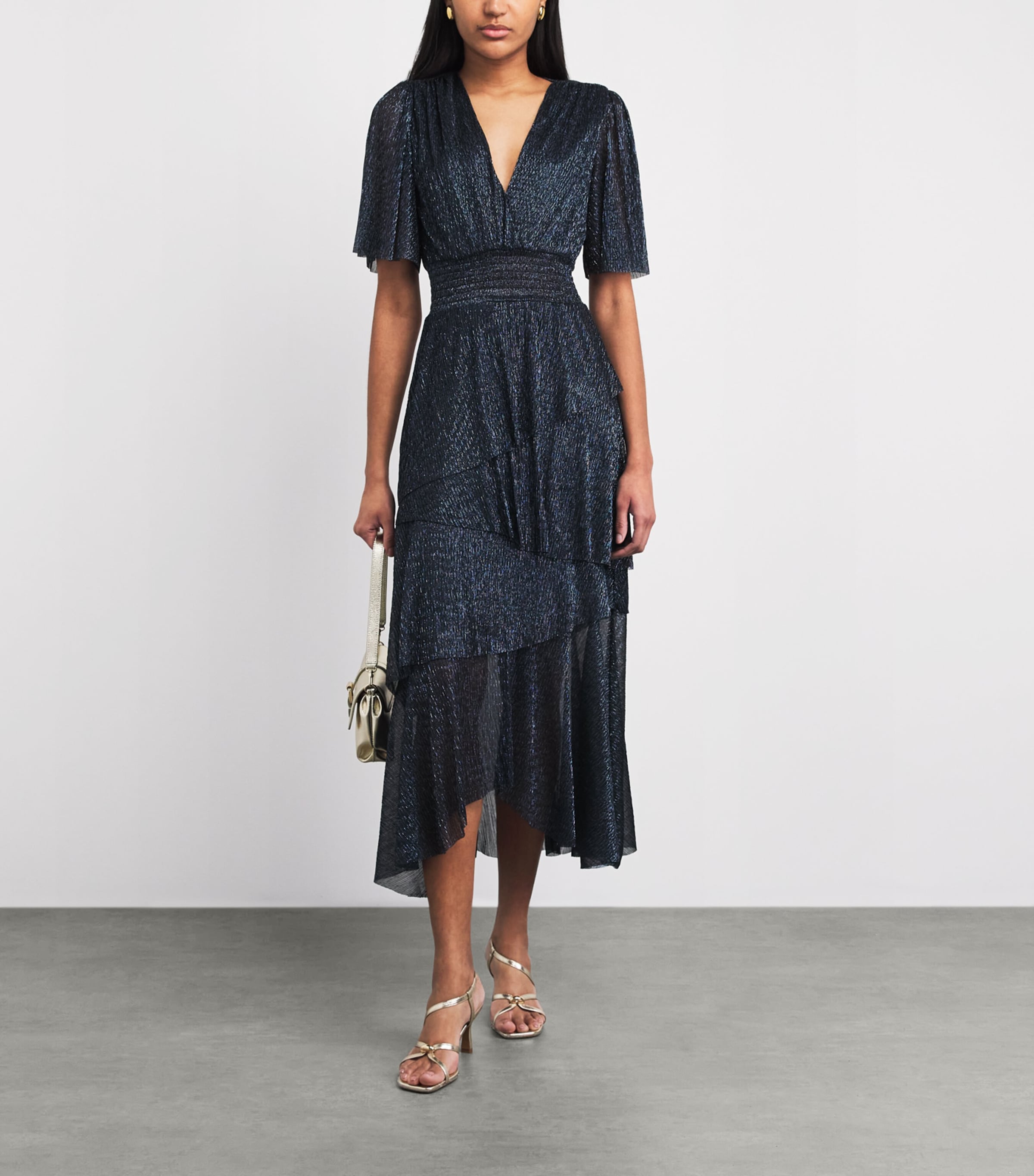 Maje Womens Metallic Pleated Midi Dress Navy Image 2