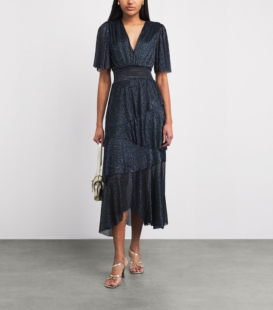 Maje Womens Metallic Pleated Midi Dress Navy Image 2
