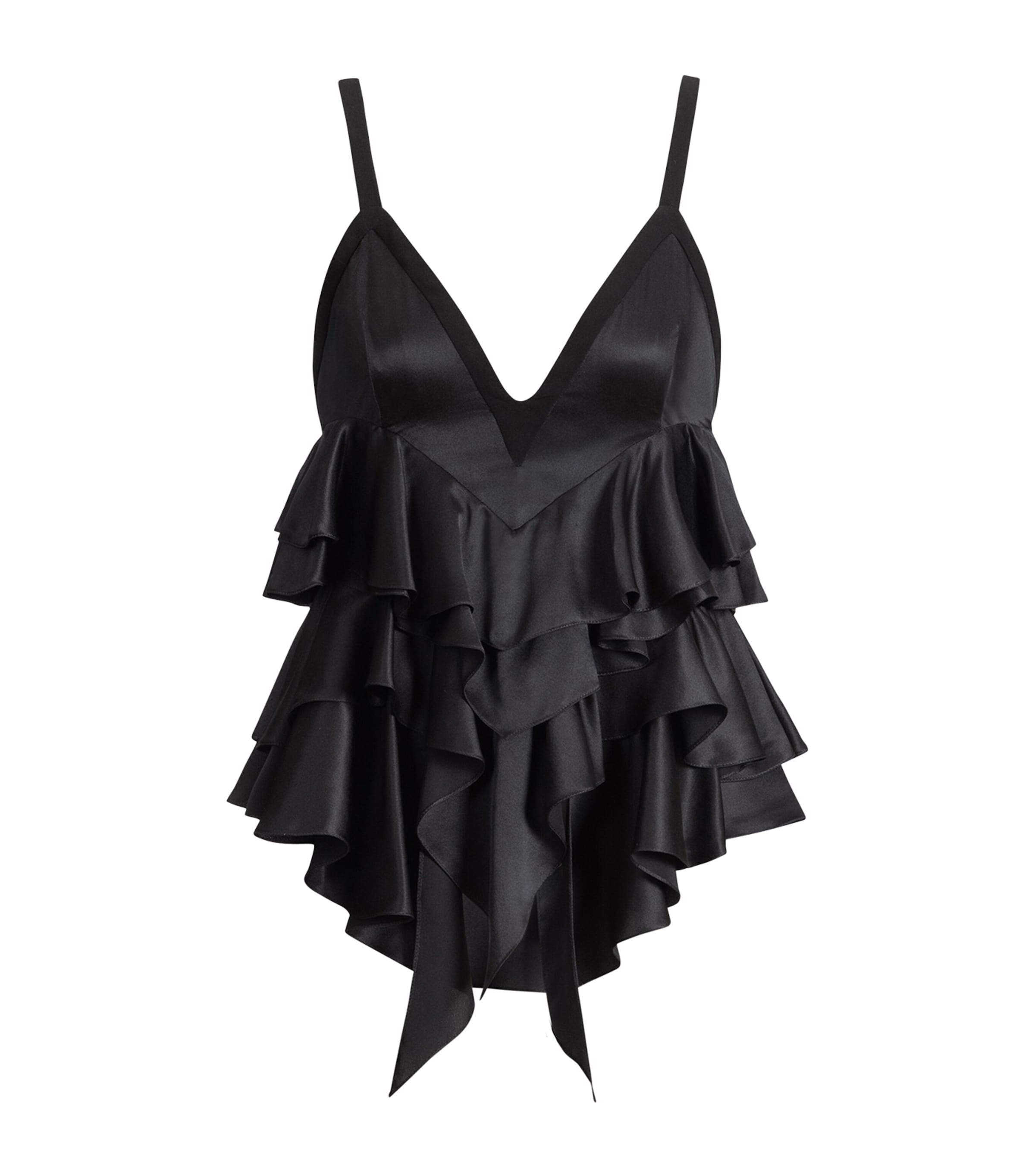 Balmain Womens Silk Satin Ruffled Top Eap Noir/noir Image 1