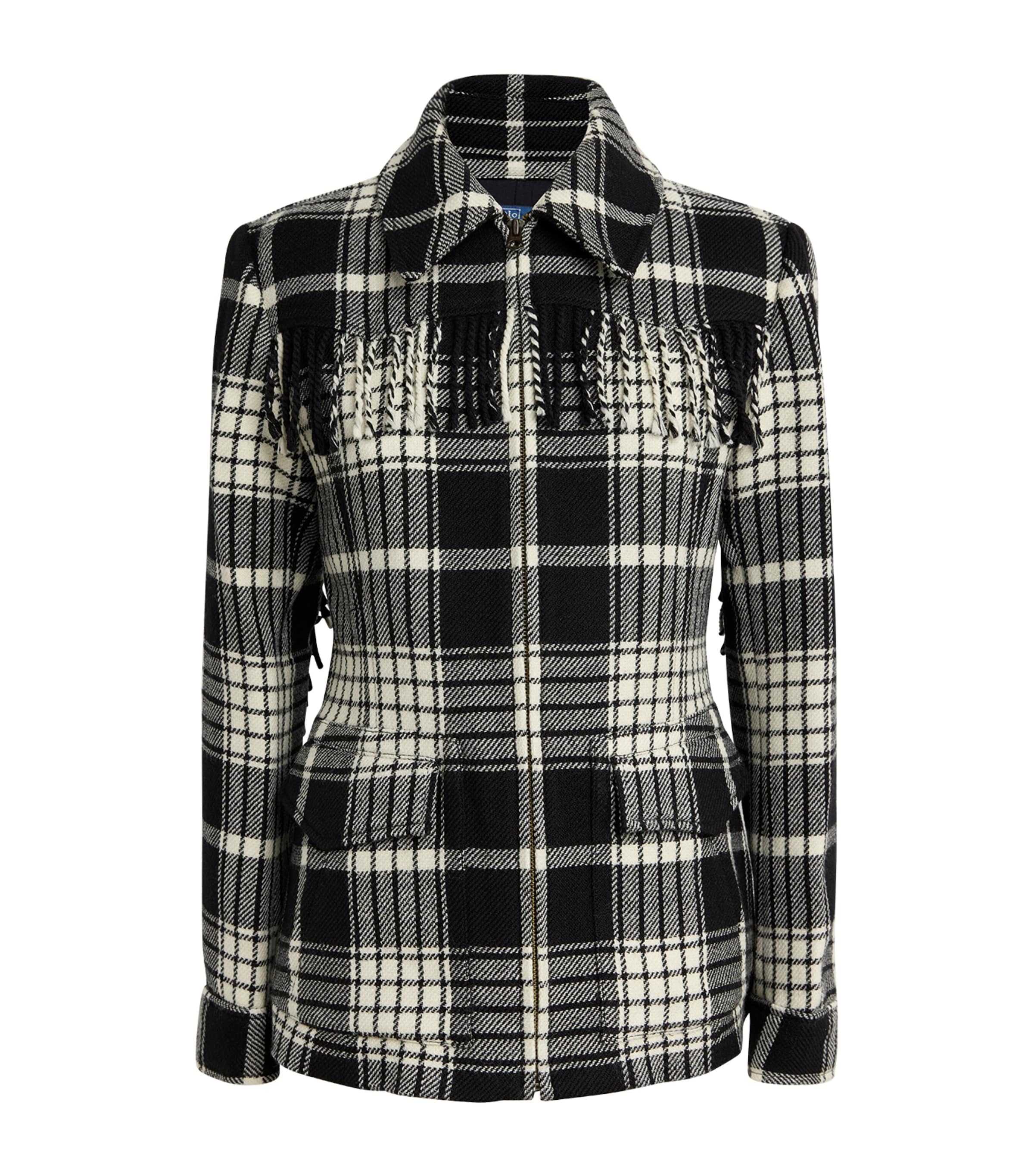 Polo Ralph Lauren Plaid Wool Jacket With Fringes In Black