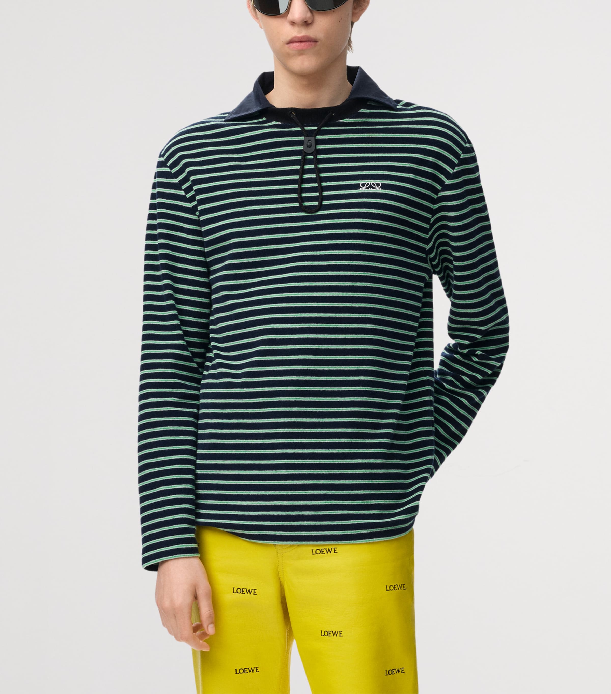 LOEWE Mens Stripe Toggle Polo Shirt Navy Blue/green Image 3