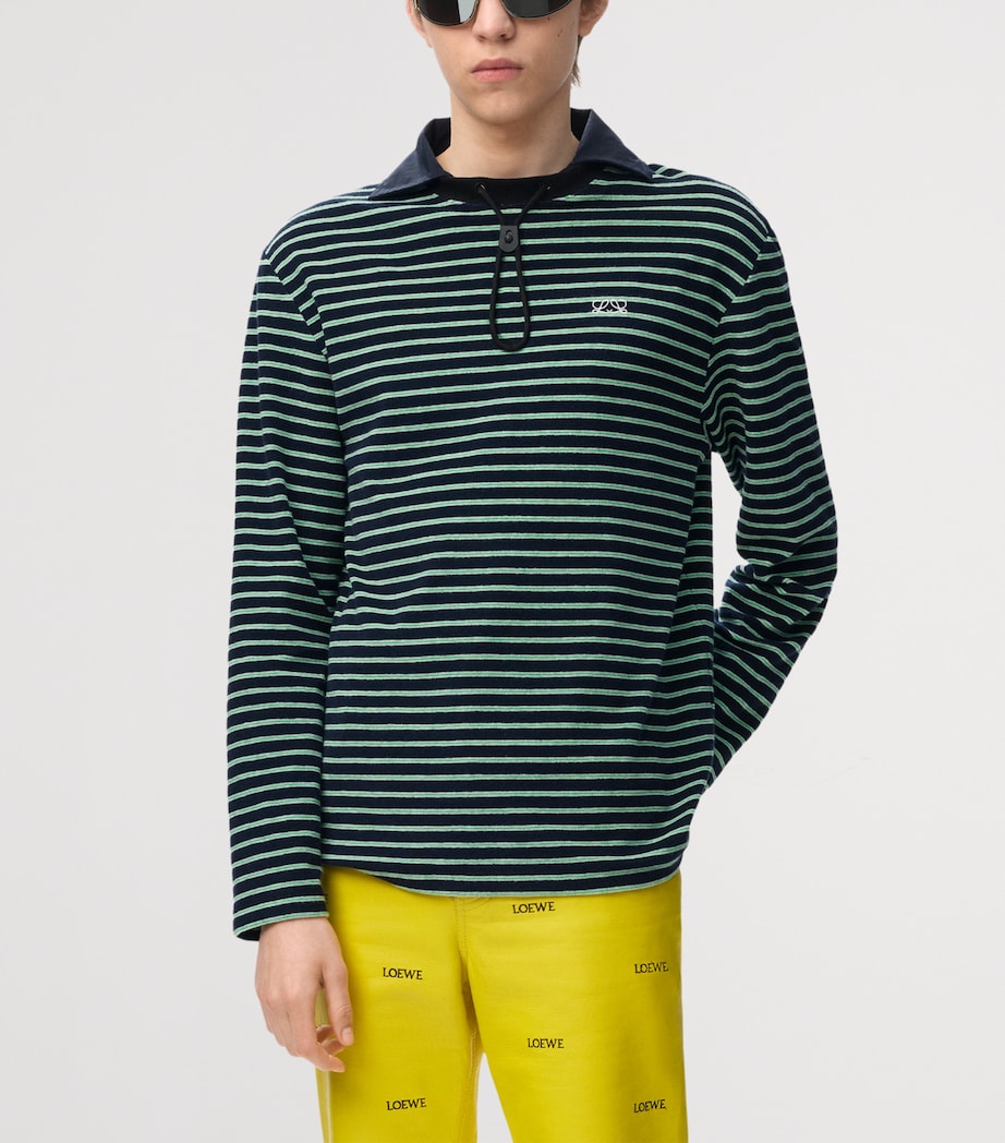 LOEWE Mens Stripe Toggle Polo Shirt Navy Blue/green Image 3