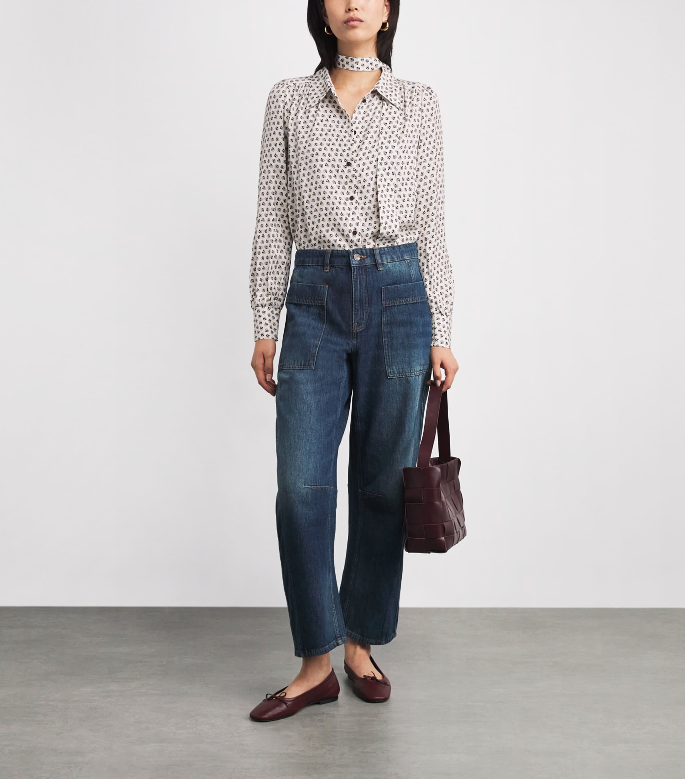 ME+EM Womens Twill Paisley Blouse and Tie Light Cream Multi Image 2
