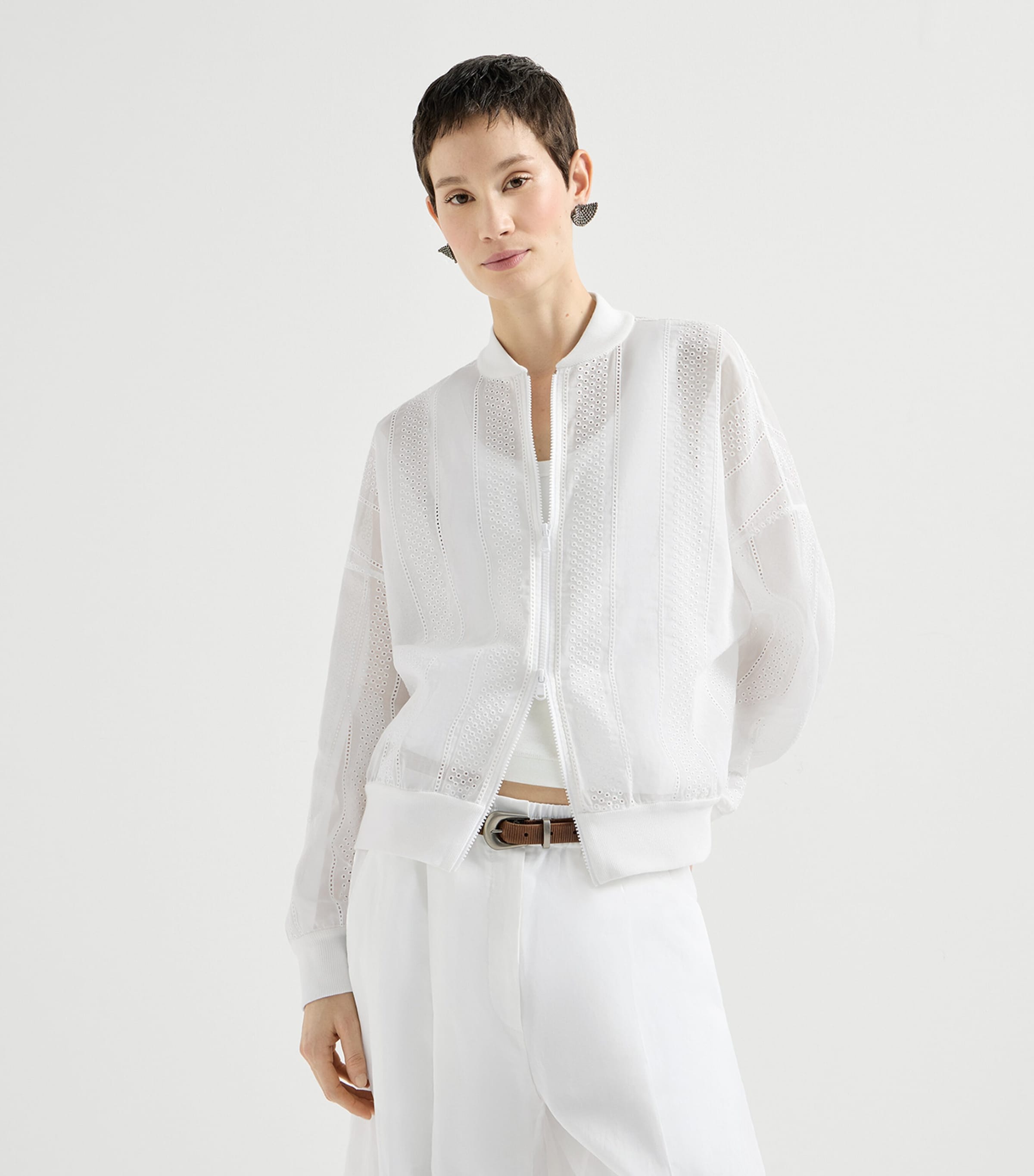 Brunello Cucinelli Womens Cotton Broderie Anglaise Bomber Jacket Image 3