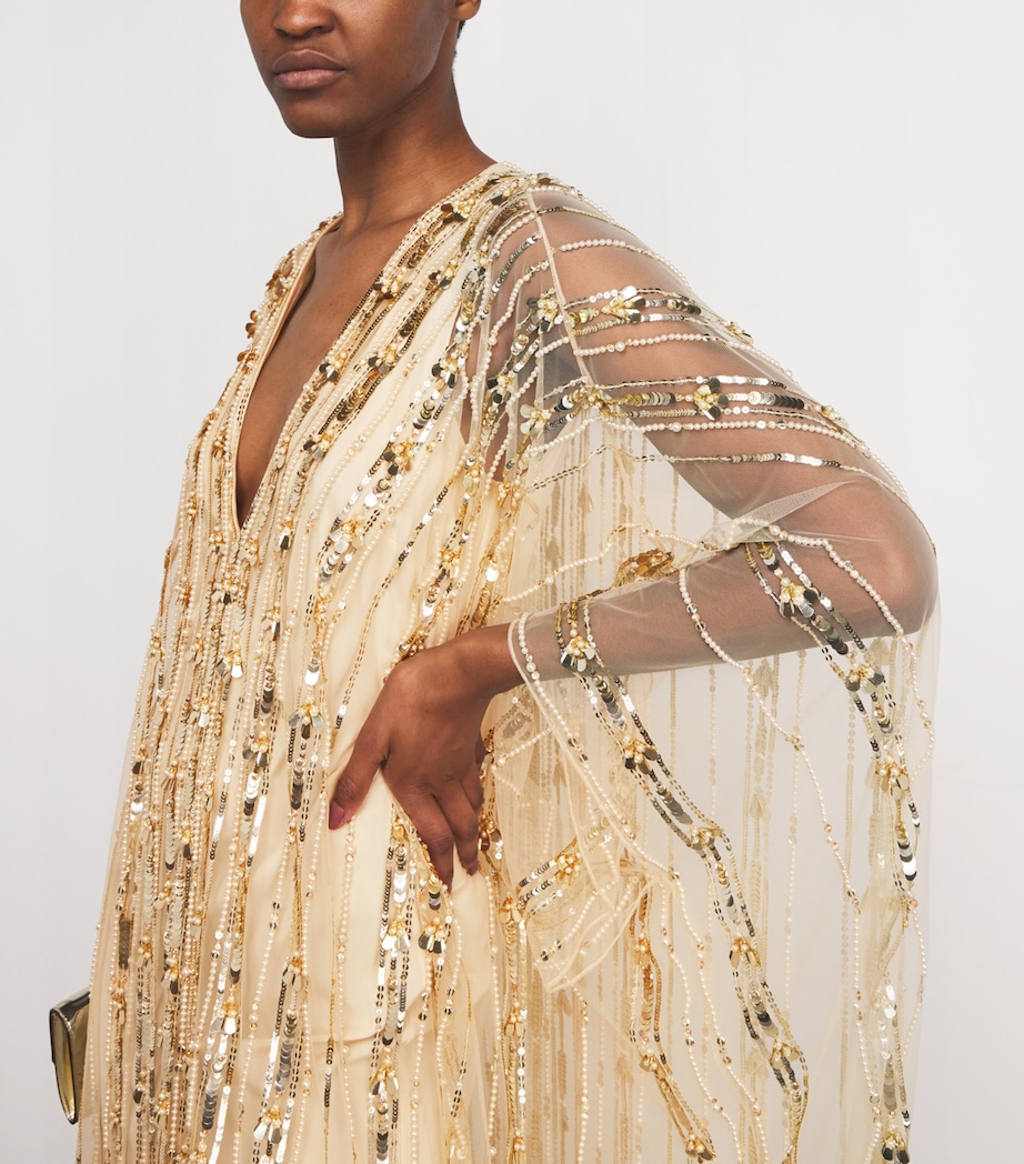 Pamella Roland Womens Tulle Embellished Kaftan Maxi Dress Gold Image 4