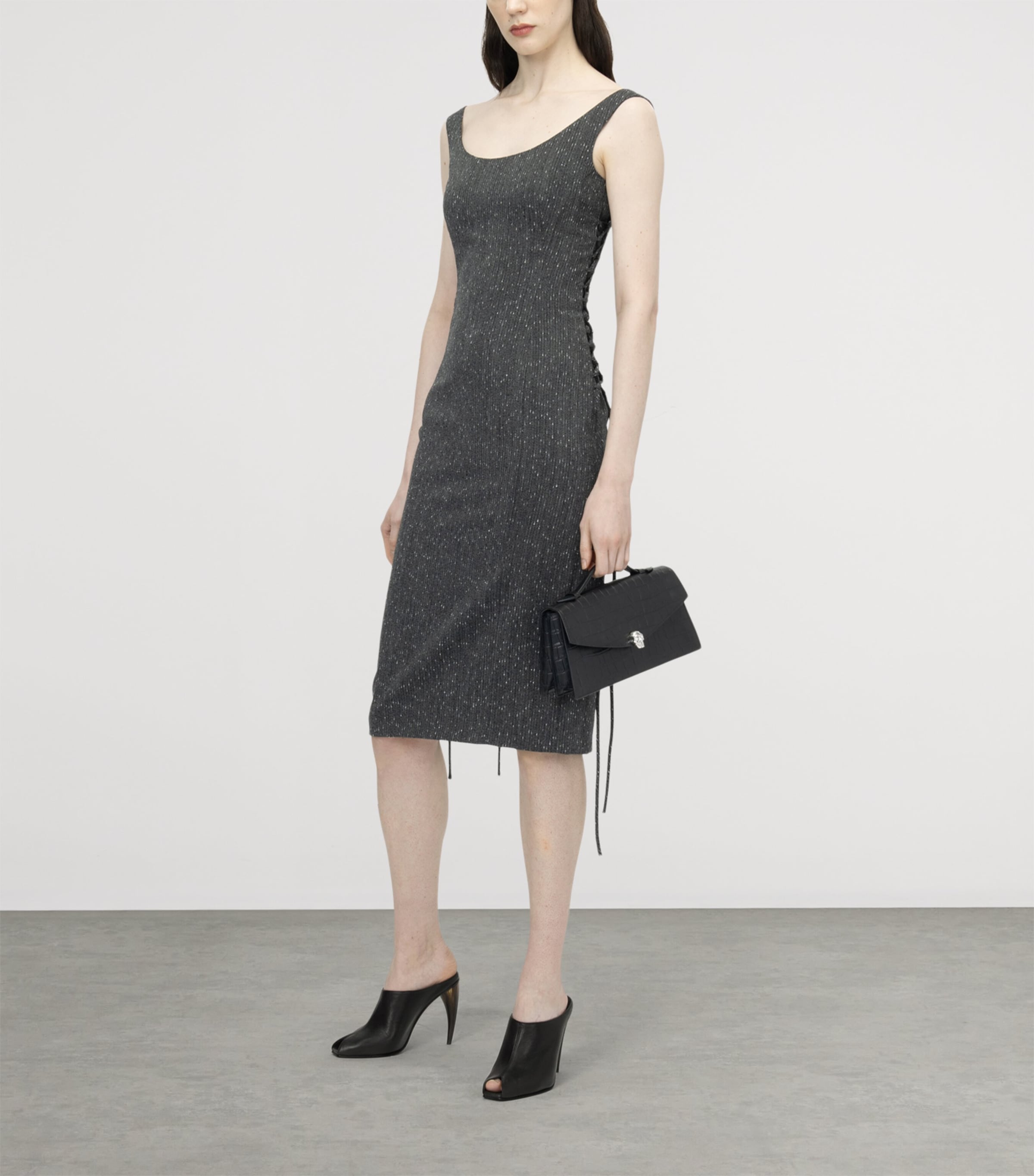 McQueen Womens Wool Metallic-Pinstripe Midi Dress Image 4