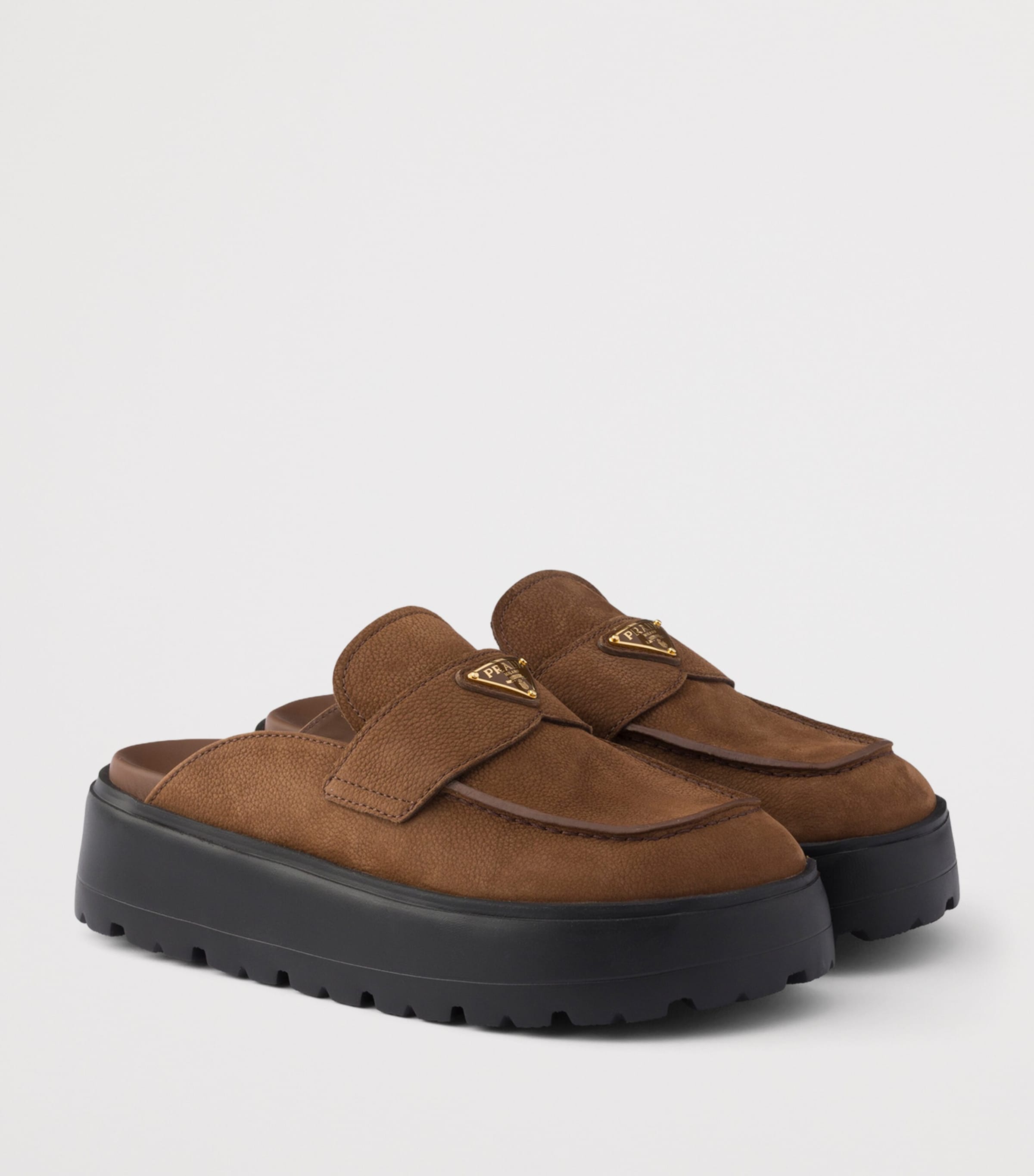 Prada Nubuck Leather Flatform Mules Brown Image 2