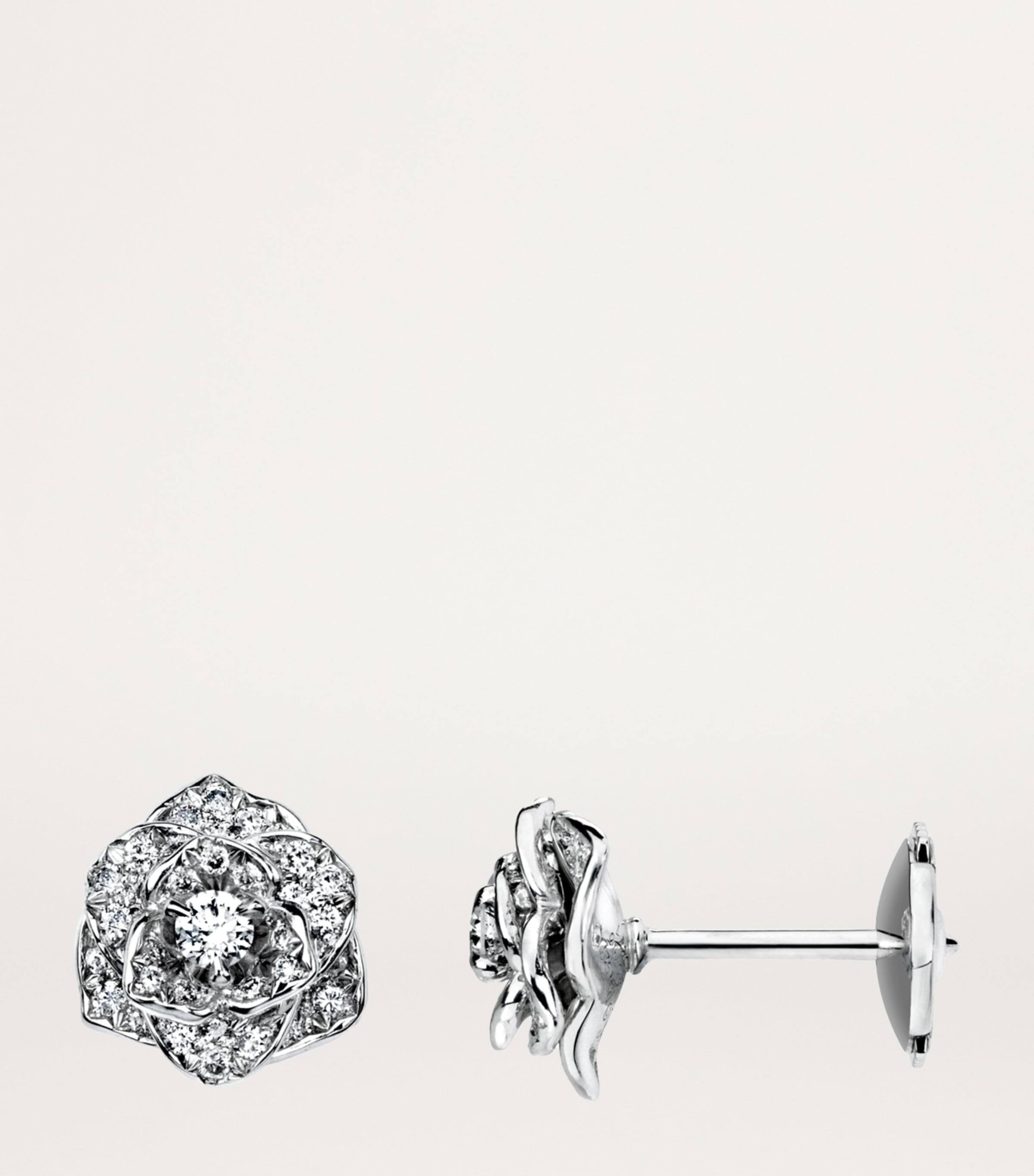 White Gold and Diamond Rose Stud Earrings GOLD Image 2