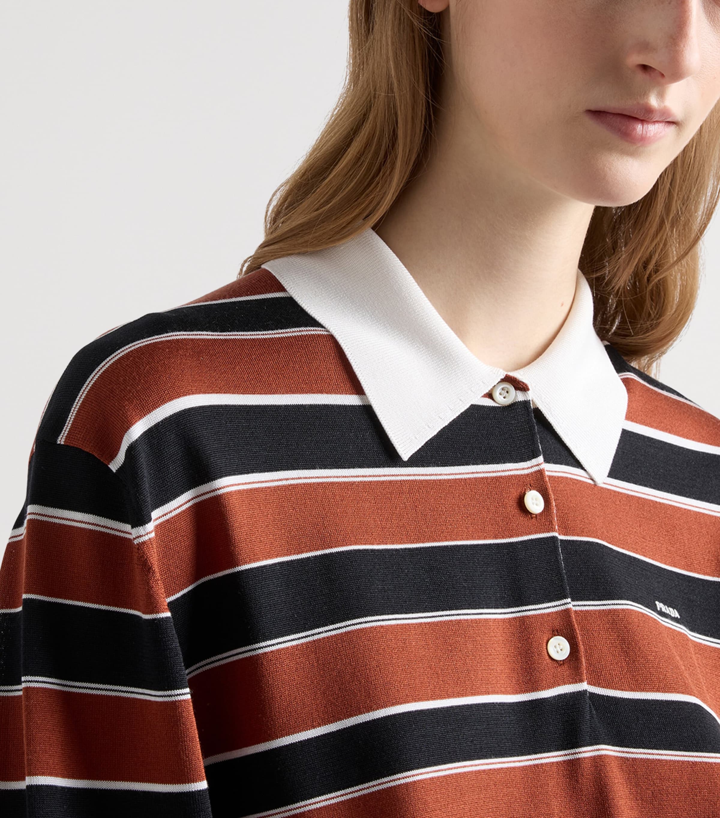 Prada Womens Silk Stripe Polo Sweater Orange Image 6
