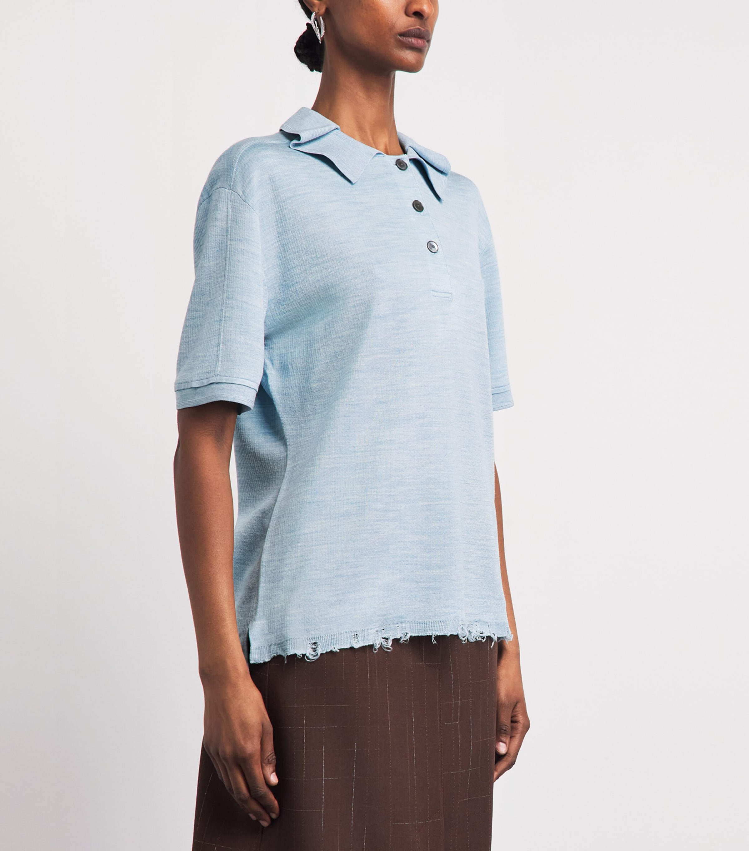 Tory Burch Womens Silk-Blend Distressed Polo Shirt Light Blue Image 4