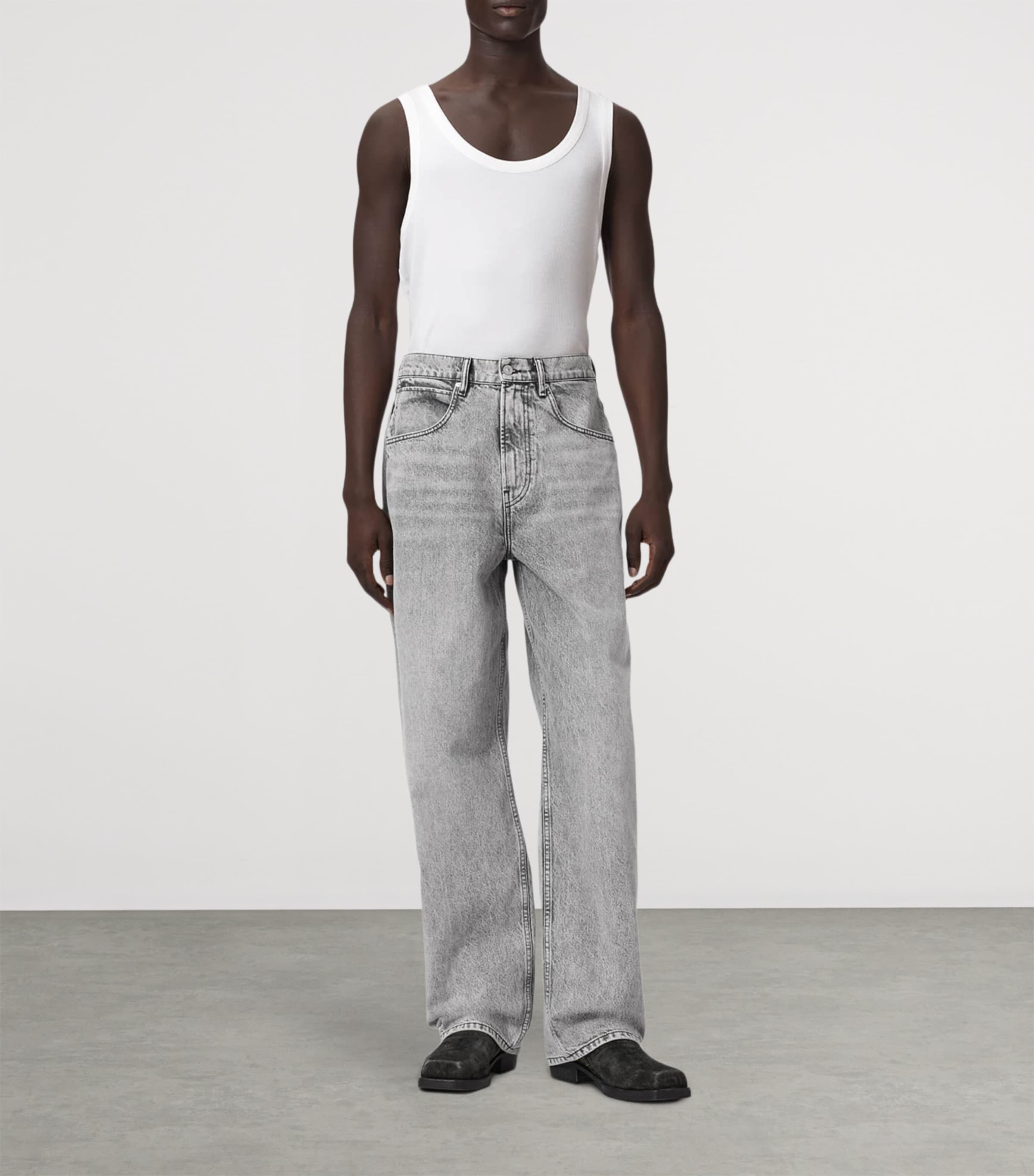 AllSaints Mens Rivet Slouch Tapered Jeans Washed Grey Image 2