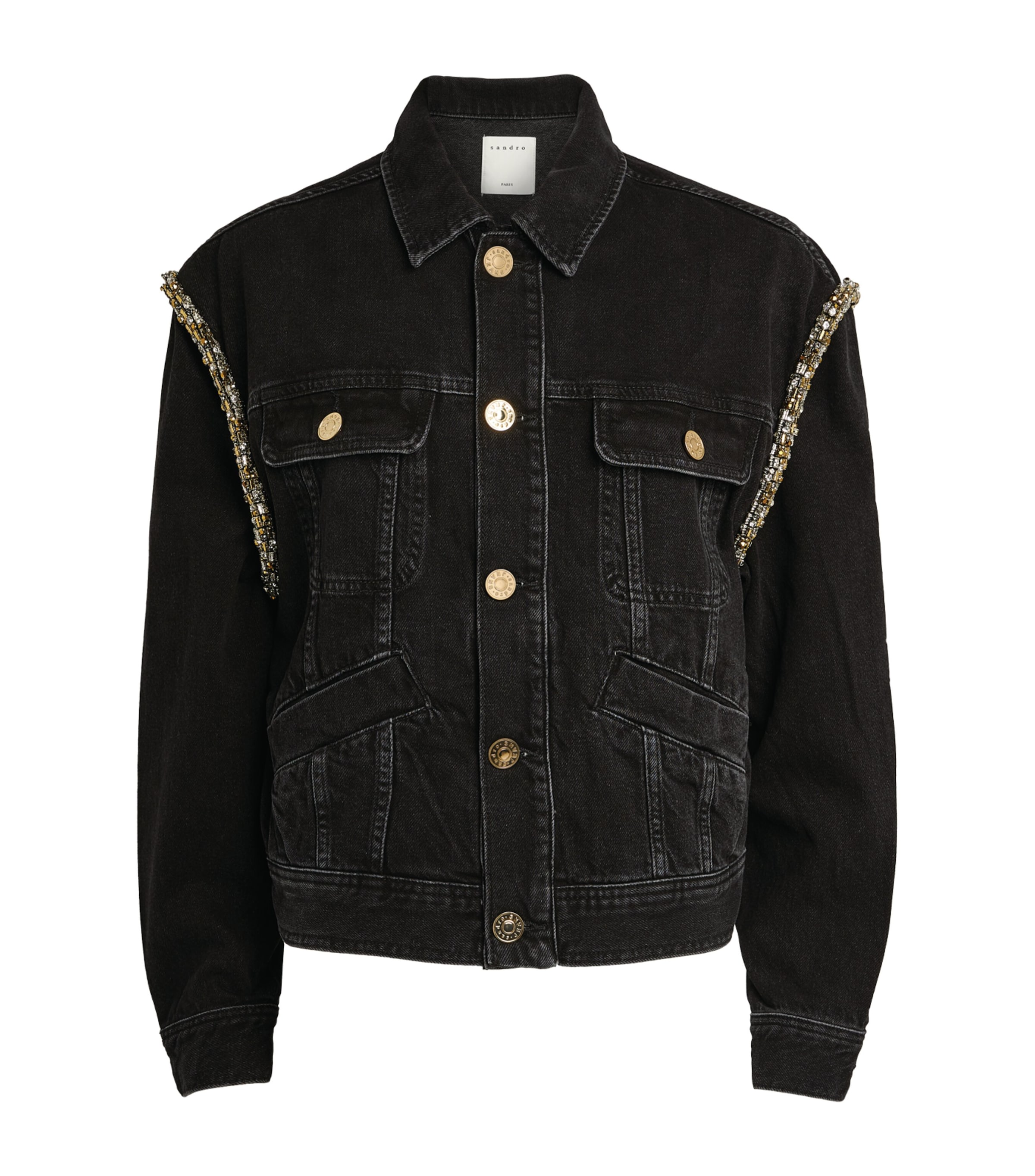 Sandro Oversized Denim Jacket With Rhinestones In Black