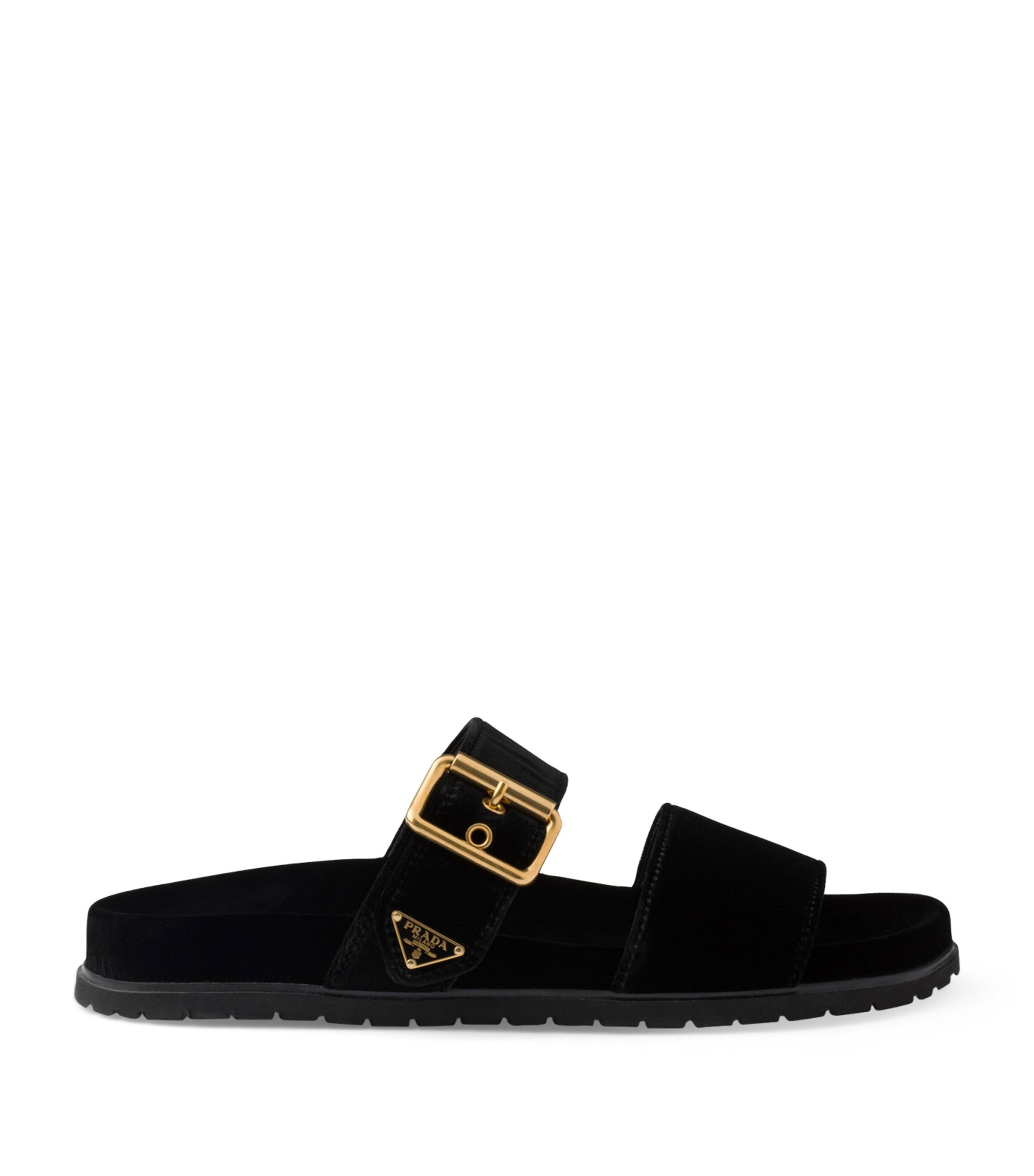 Prada Triangle Logo Velvet Flat Sandals In Black