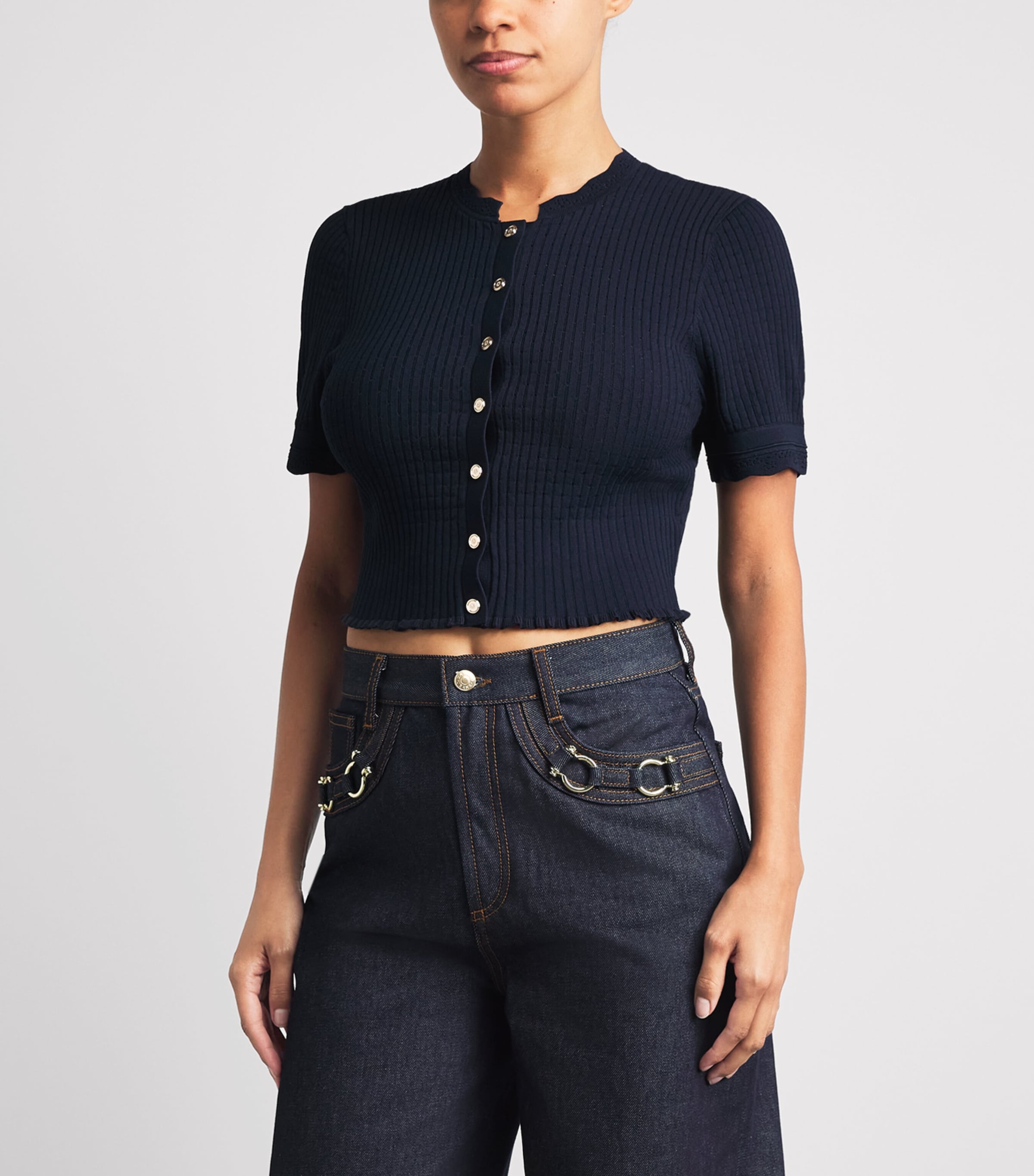 Sandro Paris Womens Rib-Knit Cropped Cardigan Navy Blue Image 4