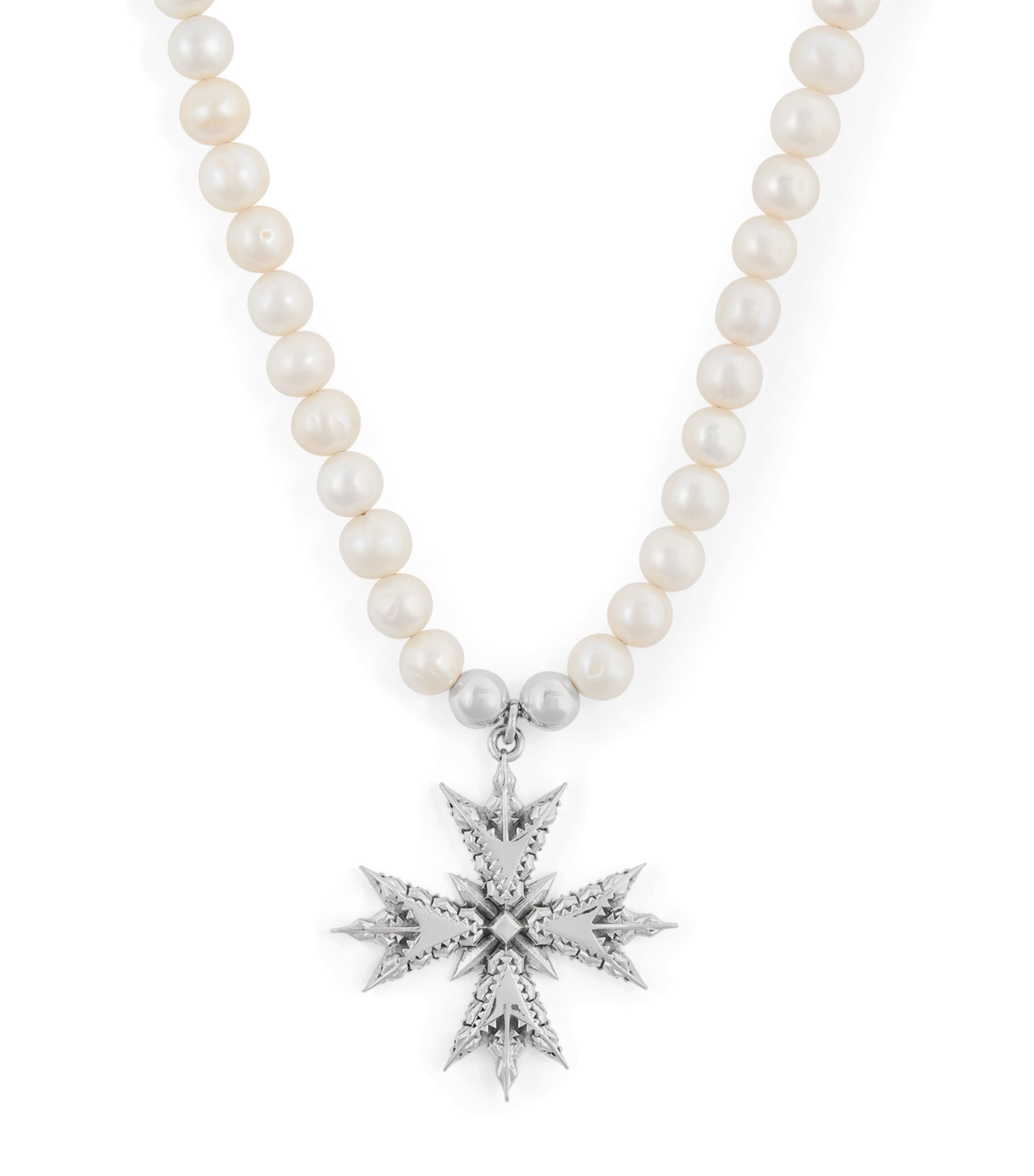 Emanuele Bicocchi Sterling Silver Freshwater Pearl Cross Necklace | Fashion Jewellery | Necklaces | Men Accessories | Jewellery | Designers | Emanuele Bicocchi