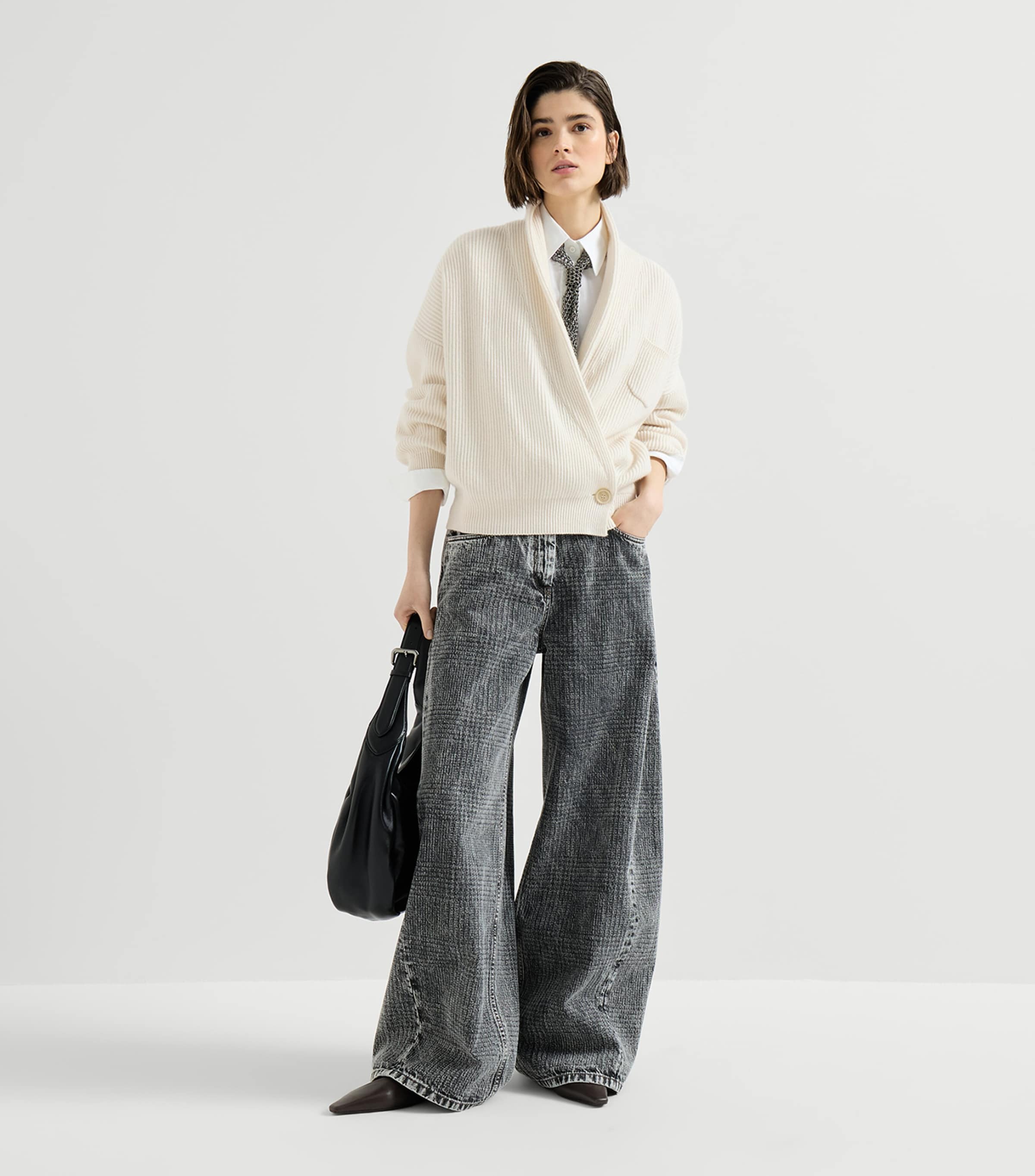 Brunello Cucinelli Womens Cashmere English Rib Asymmetric Cardigan English White Image 3