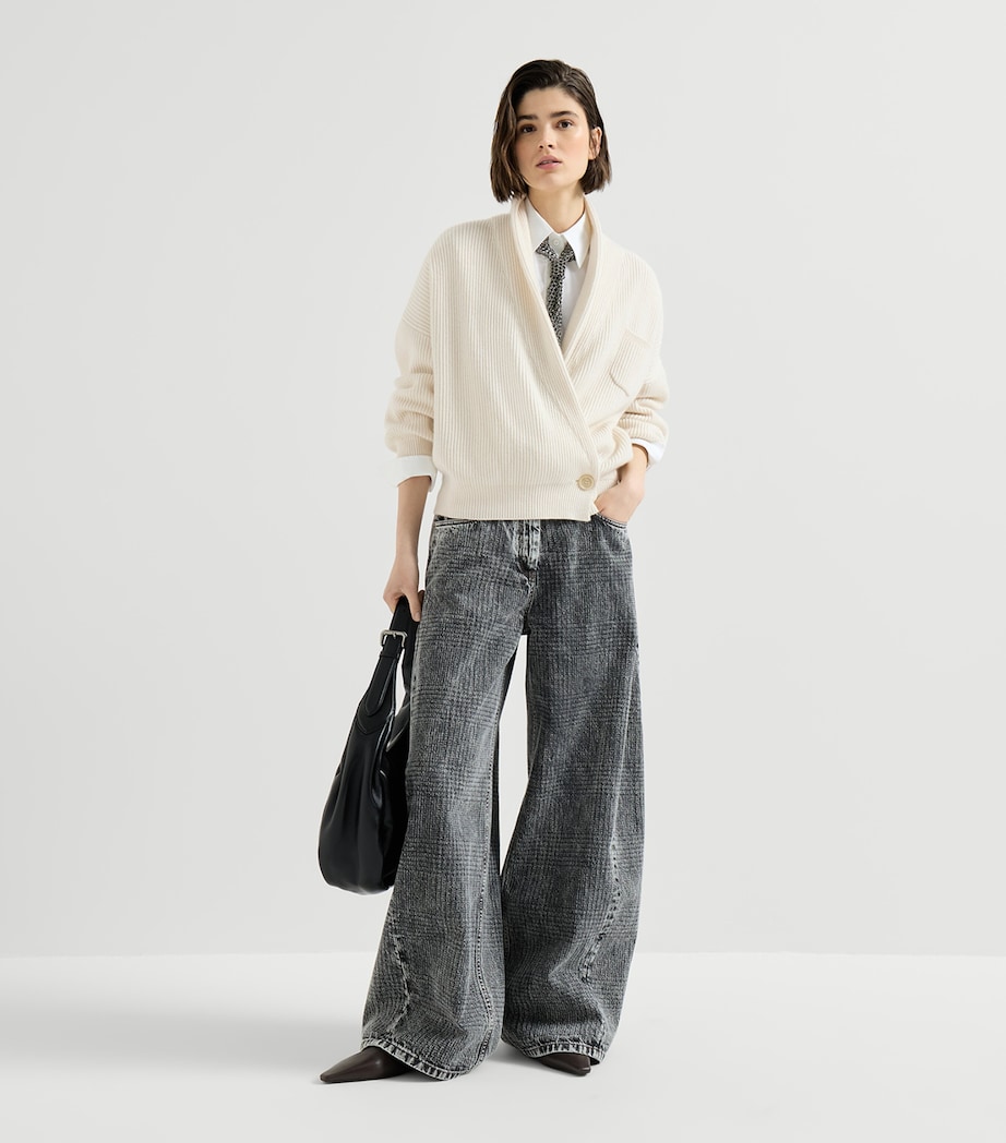 Brunello Cucinelli Womens Cashmere English Rib Asymmetric Cardigan English White Image 3