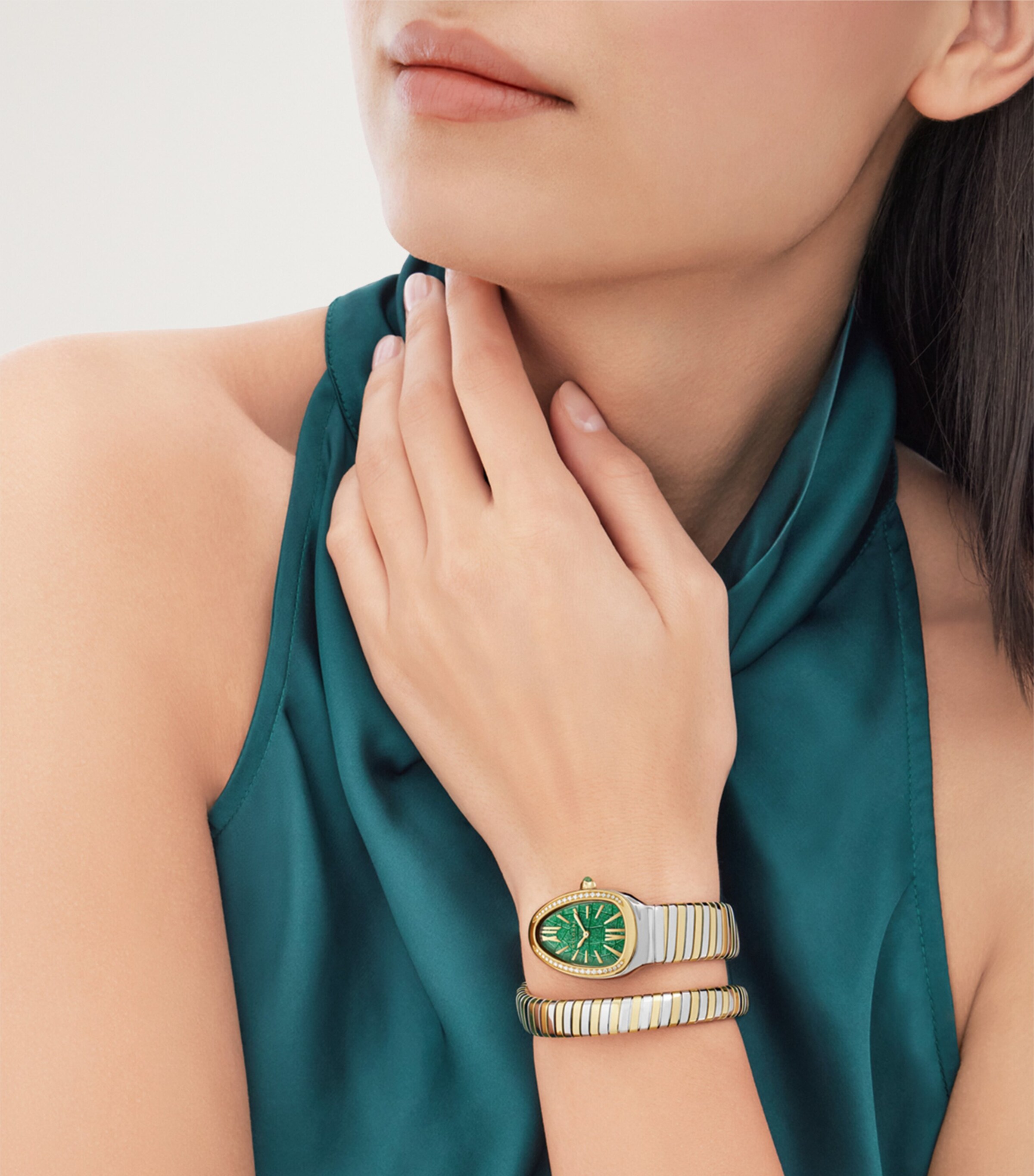 Bvlgari Stainless Steel, Yellow Gold and Diamond Serpenti Tubogas Watch 35mm Green Image 2