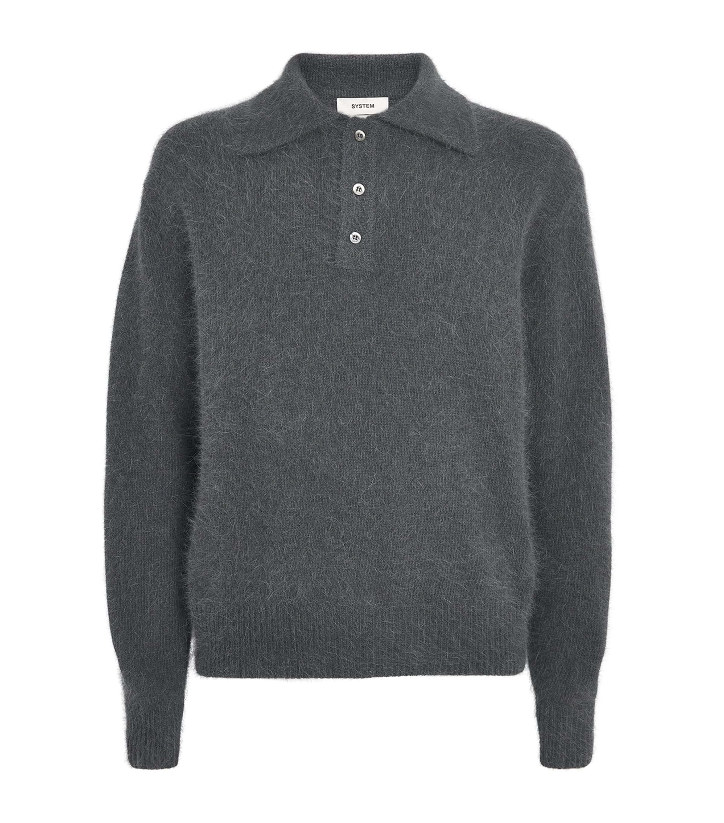 System Mens Wool Long-Sleeve Polo Shirt Black Grey Image 1