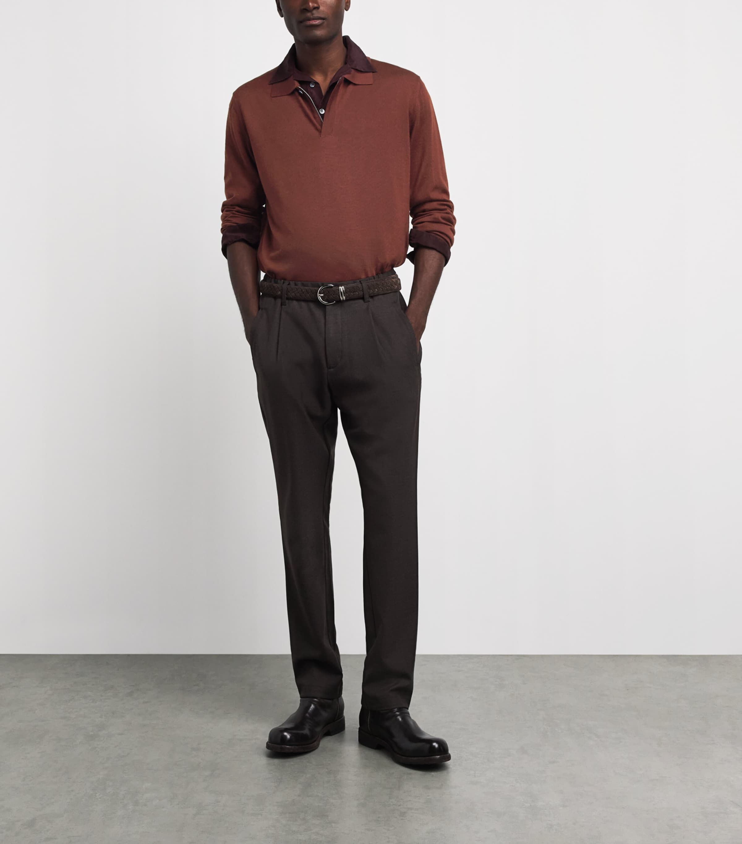Brett Johnson Mens Cashmere-Silk Long-Sleeve Polo Shirt Terracotta Image 2