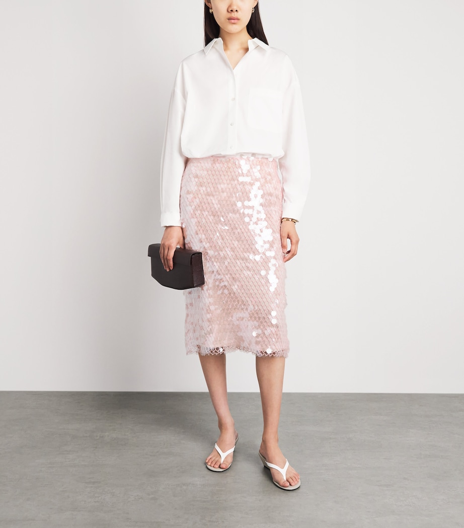 Tory Burch Womens Sequin Mesh Midi Skirt Snw Wht/lght Pik Image 2
