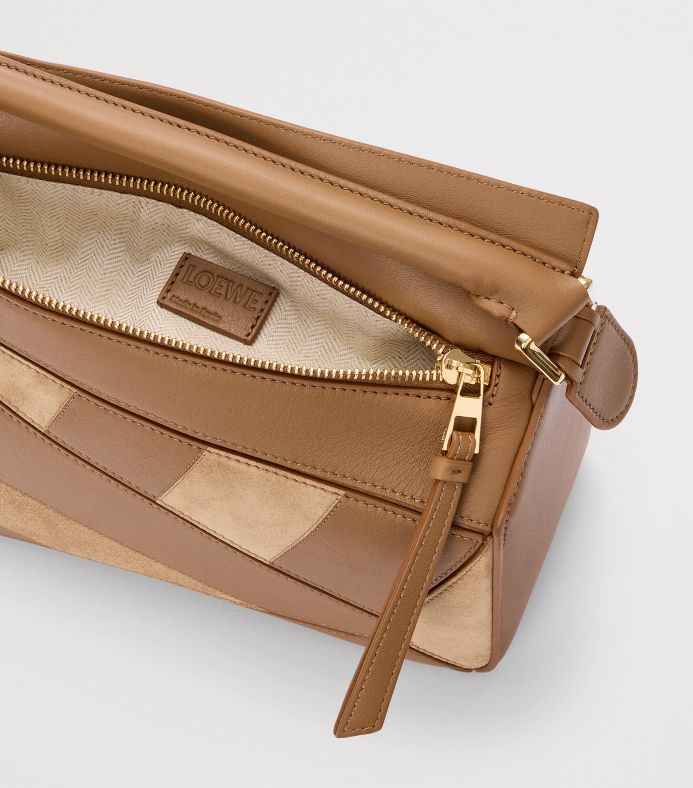 Small Leather Stripe Puzzle Edge Top-Handle Bag OAK Image 7