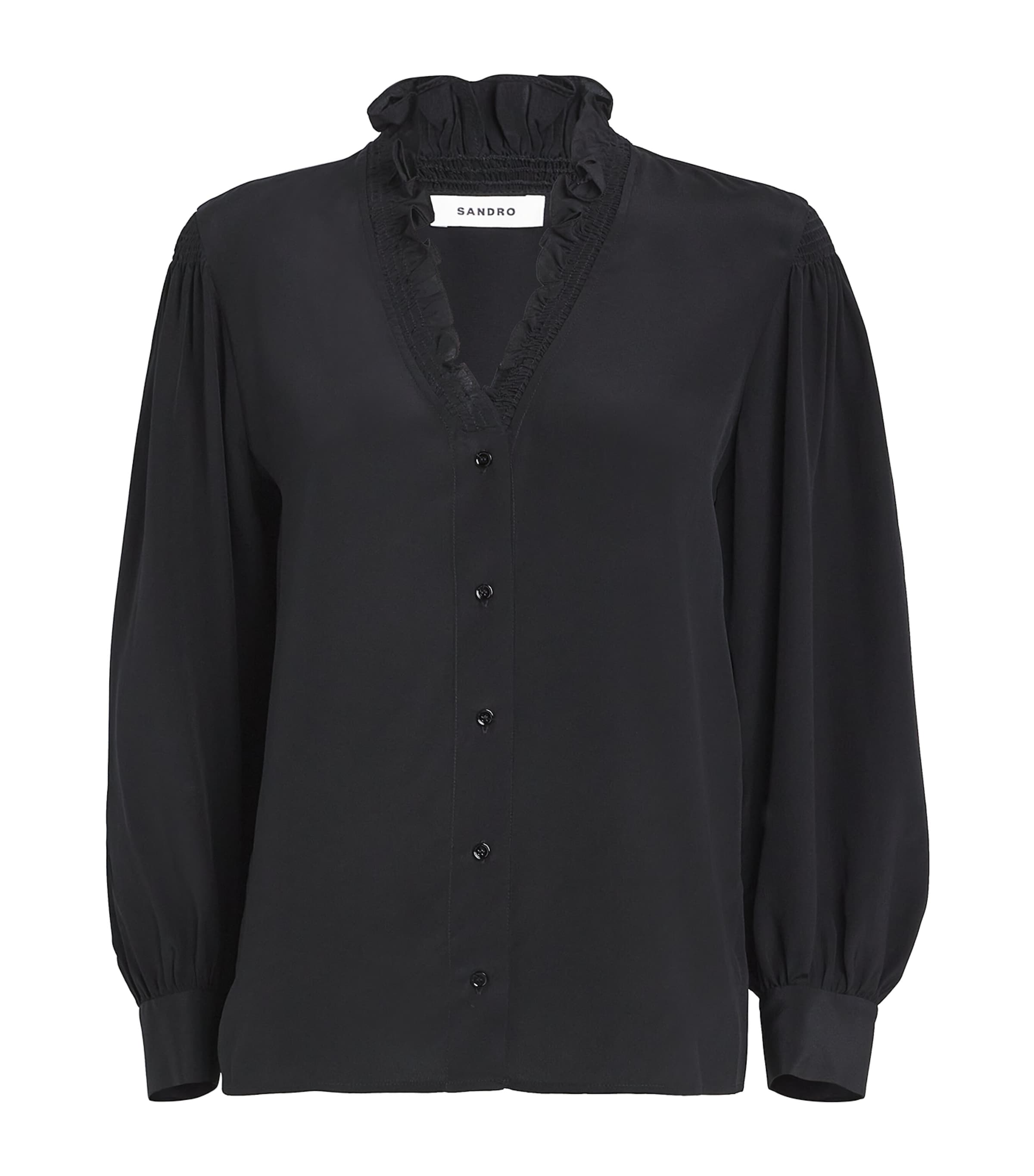 Sandro Paris Black Silk Ruffle Collar Shirt Harrods UK