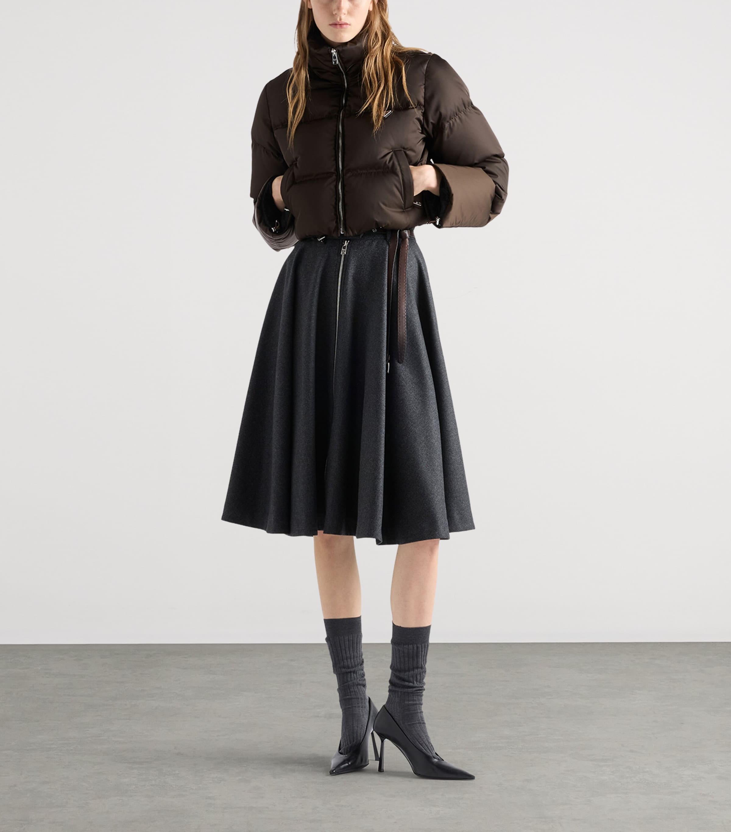 Prada Womens Re-Nylon Cropped Down Jacket Brown Image 2