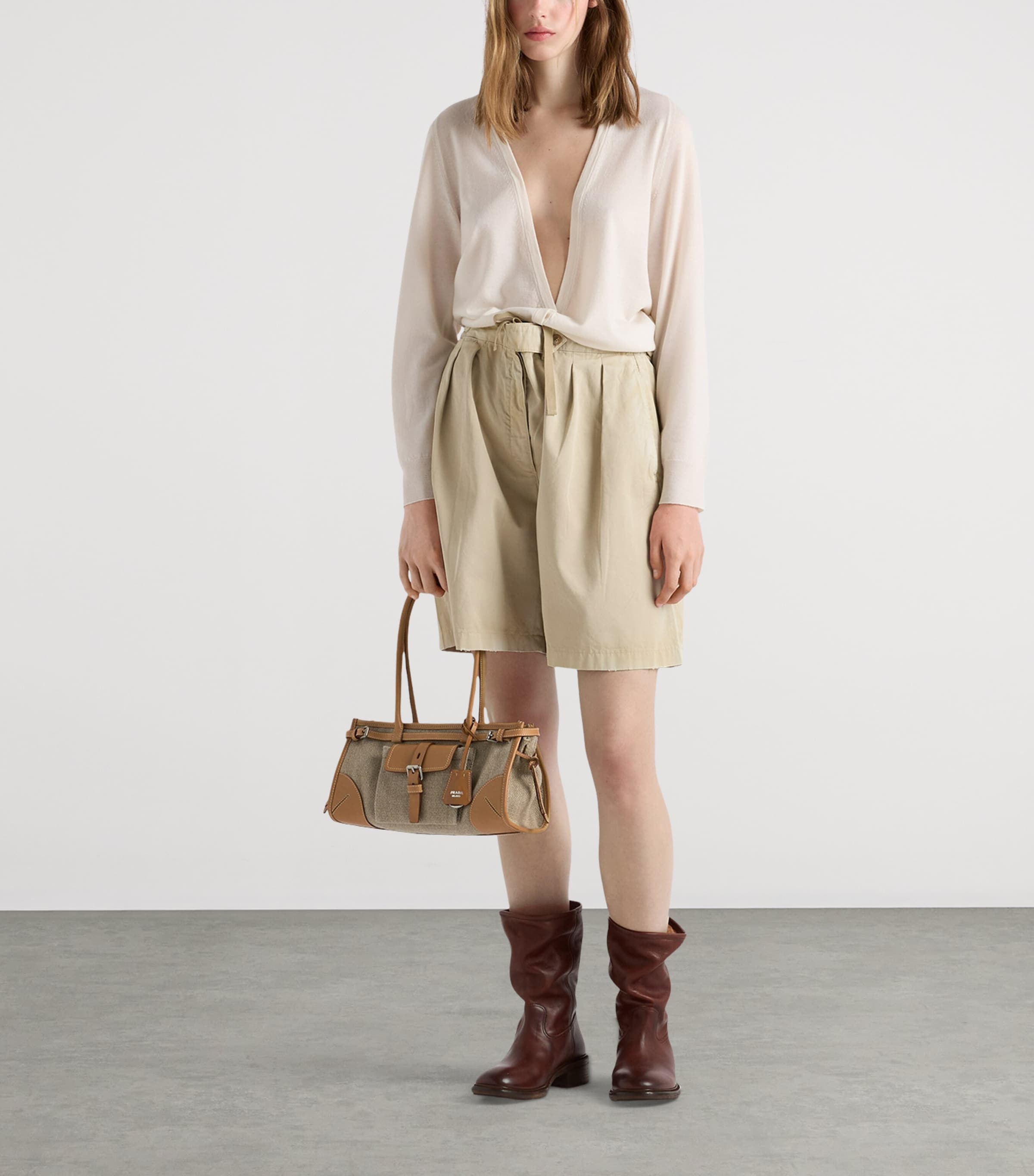 Prada Womens Small Linen-Leather Bonnie Top-Handle Bag Neutral Image 8