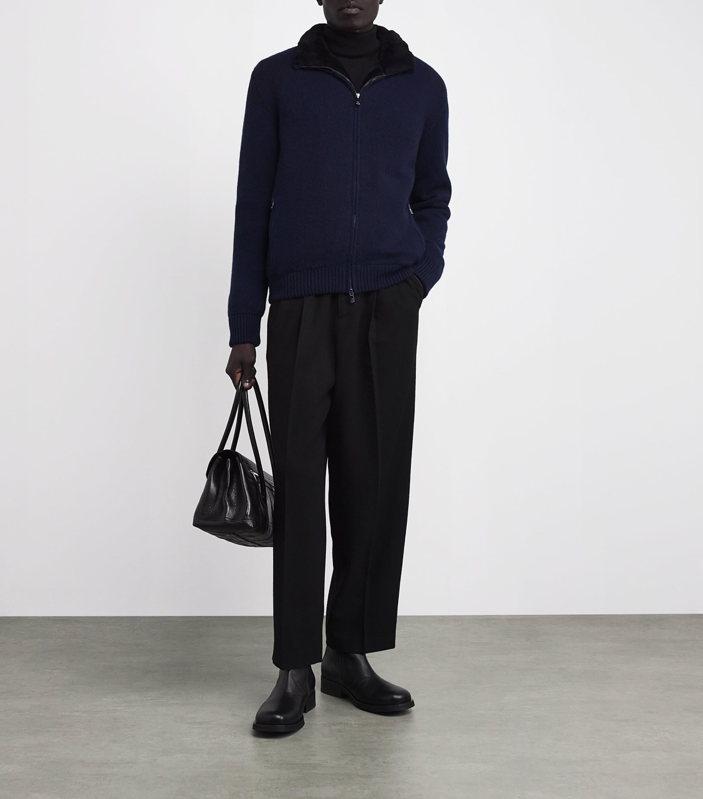 Cashmere Fur-Lined Zip-Up Cardigan 001 NAVY BLUE Image 2