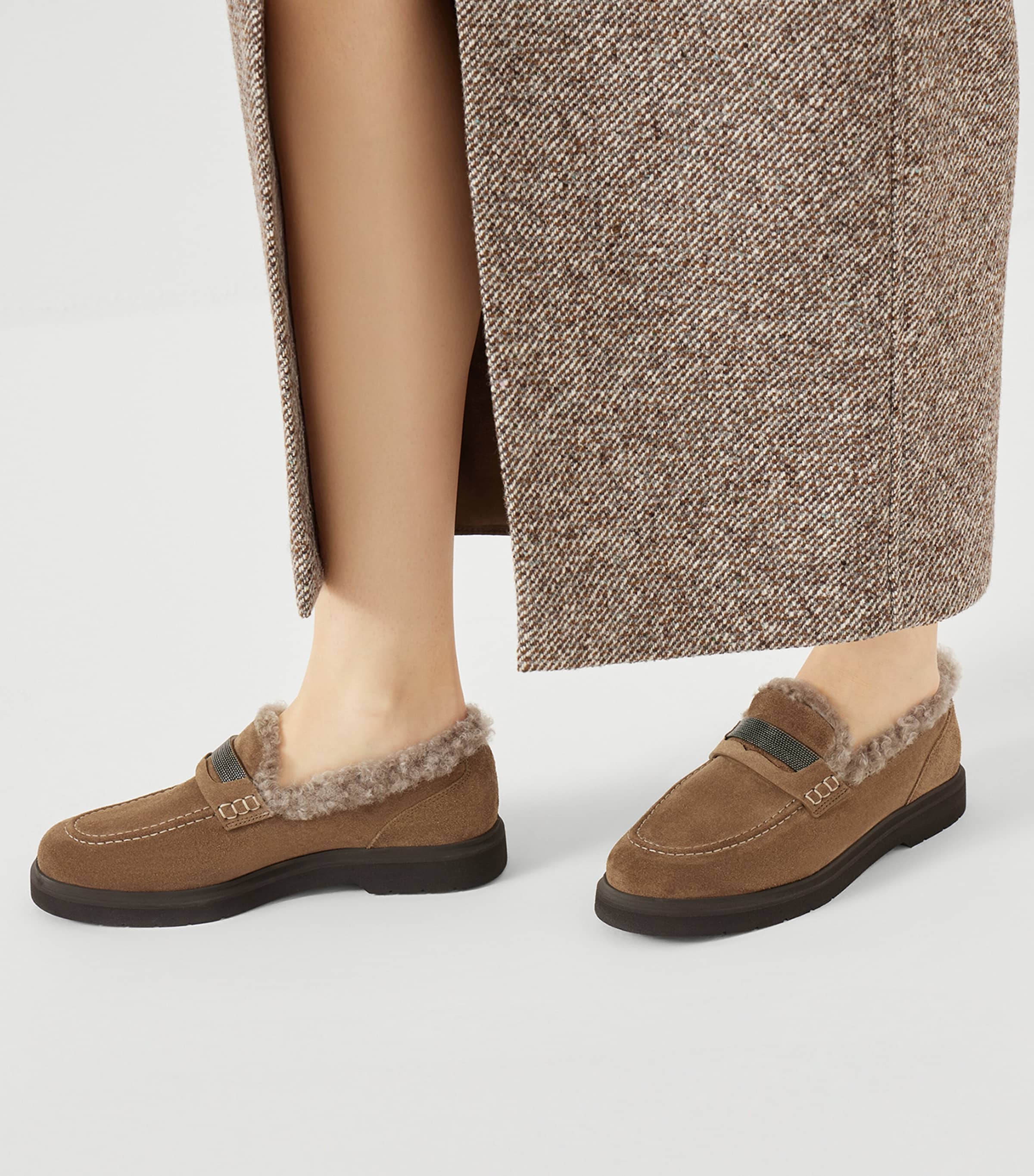 BRUNELLO CUCINELLI 스웨이드 셔링 라이닝 페니 로퍼