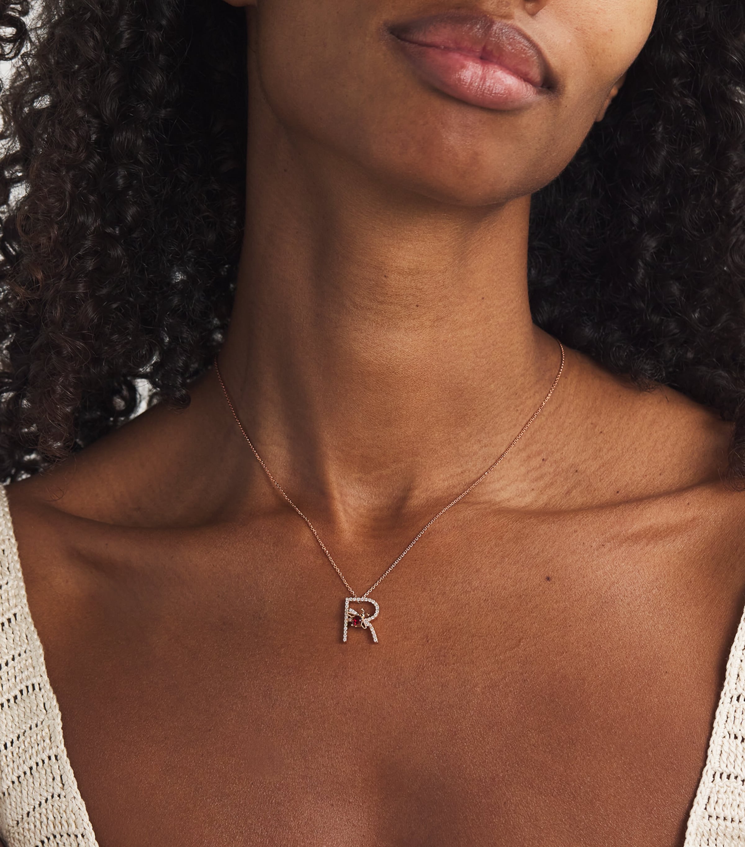 Rose Gold, Diamond and Garnet Letter 'R' Necklace ROSE GOLD Image 2